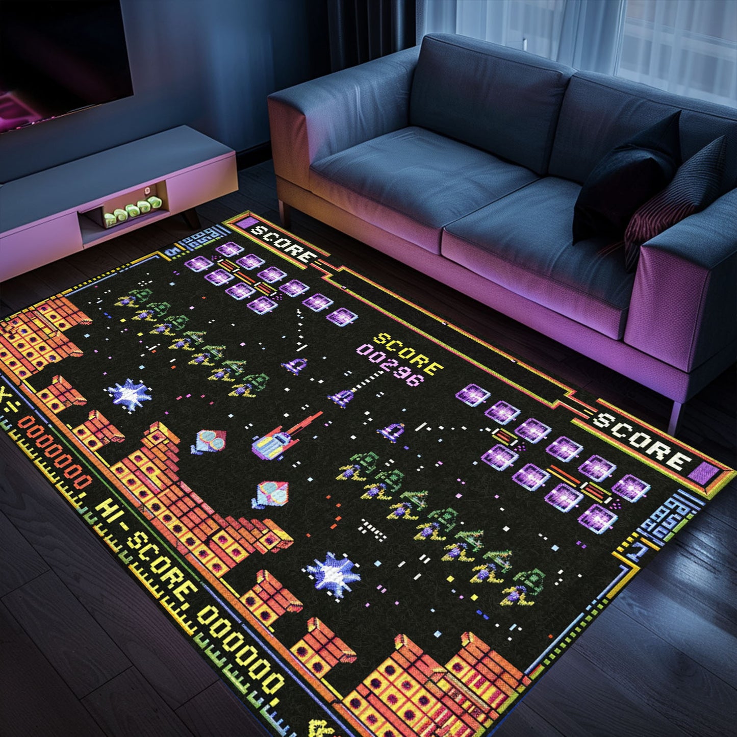 Imbue Your Living Space with Retro Gaming Charm with 80s Arcade Carpet, Reminiscent of Space Invaders Era, Arcade Decor, Gift for Gamers, Video Game Lovers G233