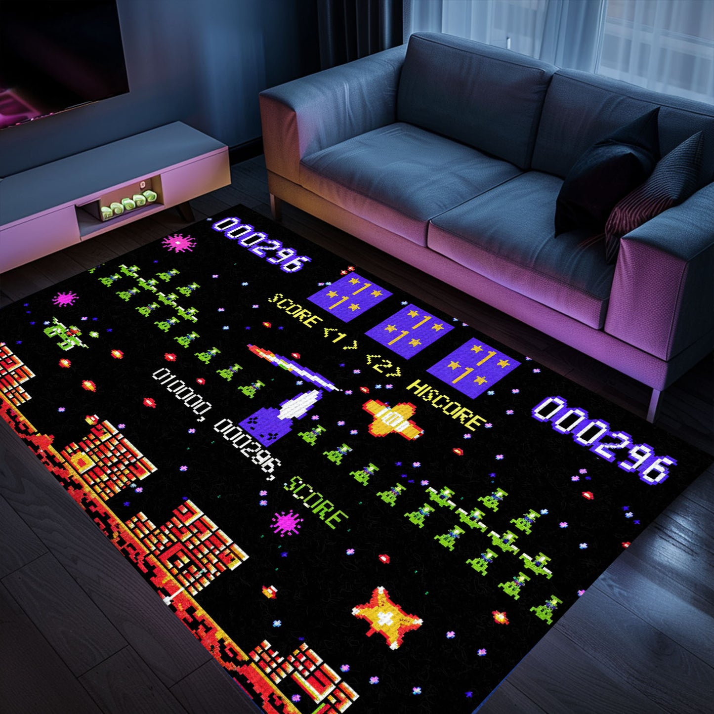 Infuse Your Room with Gaming Nostalgia with 80s Arcade Carpet Inspired by Space Invaders, Perfect for Retro Vibes, Arcade Decor, Gift for Gamers, Video Game Lovers G240