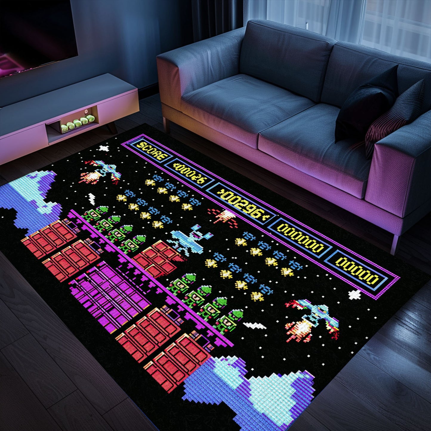 Indulge in Retro Gaming Culture with 80s Arcade Carpet Adorned with Space Invaders Artwork, Ideal for Video Game Fans, Arcade Decor, Gift for Gamers, Video Game Lovers G228