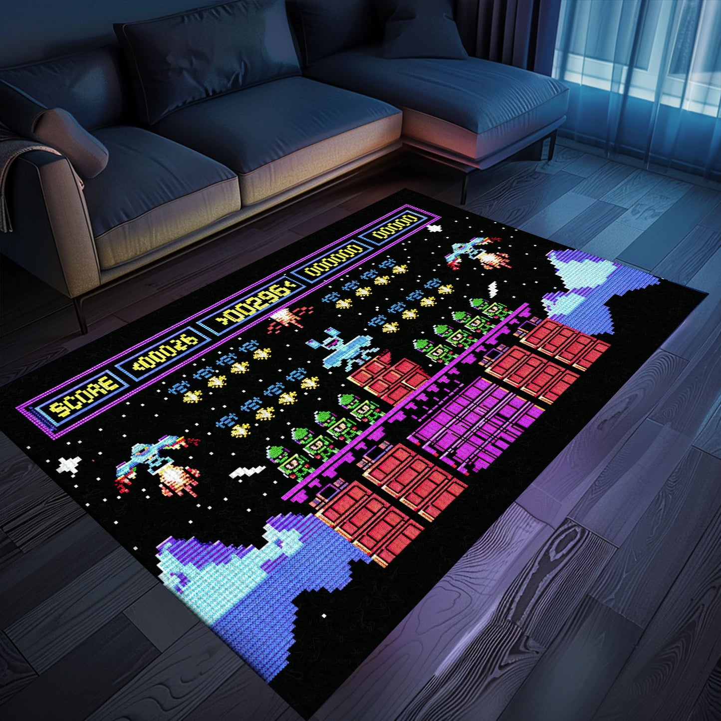 Indulge in Retro Gaming Culture with 80s Arcade Carpet Adorned with Space Invaders Artwork, Ideal for Video Game Fans, Arcade Decor, Gift for Gamers, Video Game Lovers G228