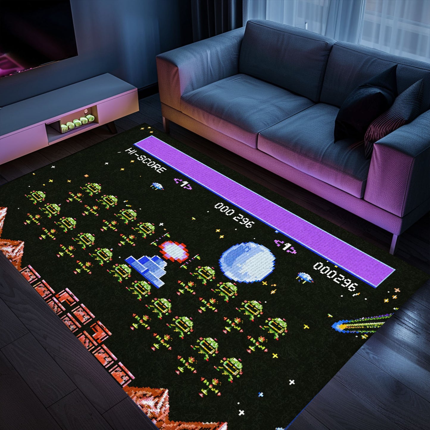 Level Up Your Room Decor with 80s Arcade Carpet Infused with Space Invaders Theme, Enhancing Gaming Experience, Arcade Decor, Gift for Gamers, Video Game Lovers G226