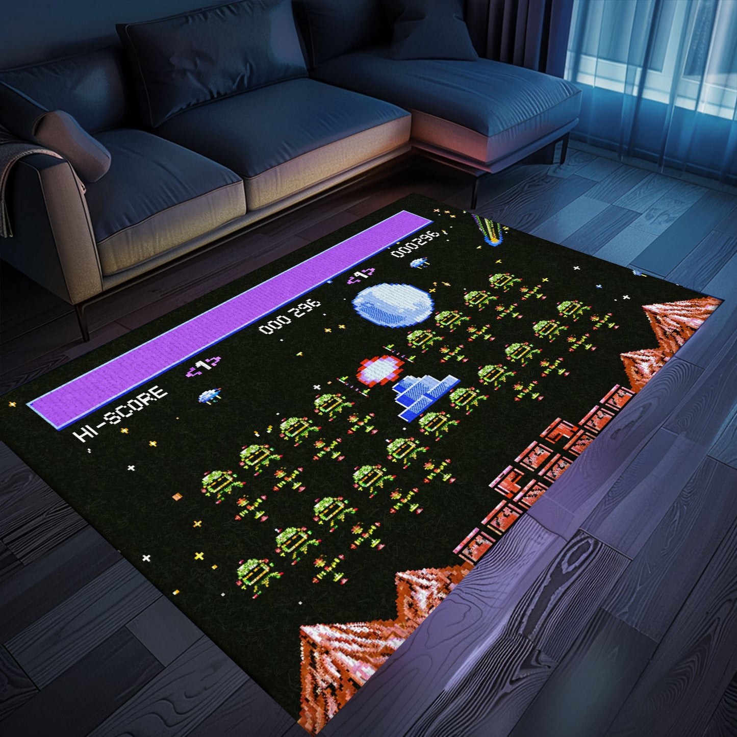 Level Up Your Room Decor with 80s Arcade Carpet Infused with Space Invaders Theme, Enhancing Gaming Experience, Arcade Decor, Gift for Gamers, Video Game Lovers G226