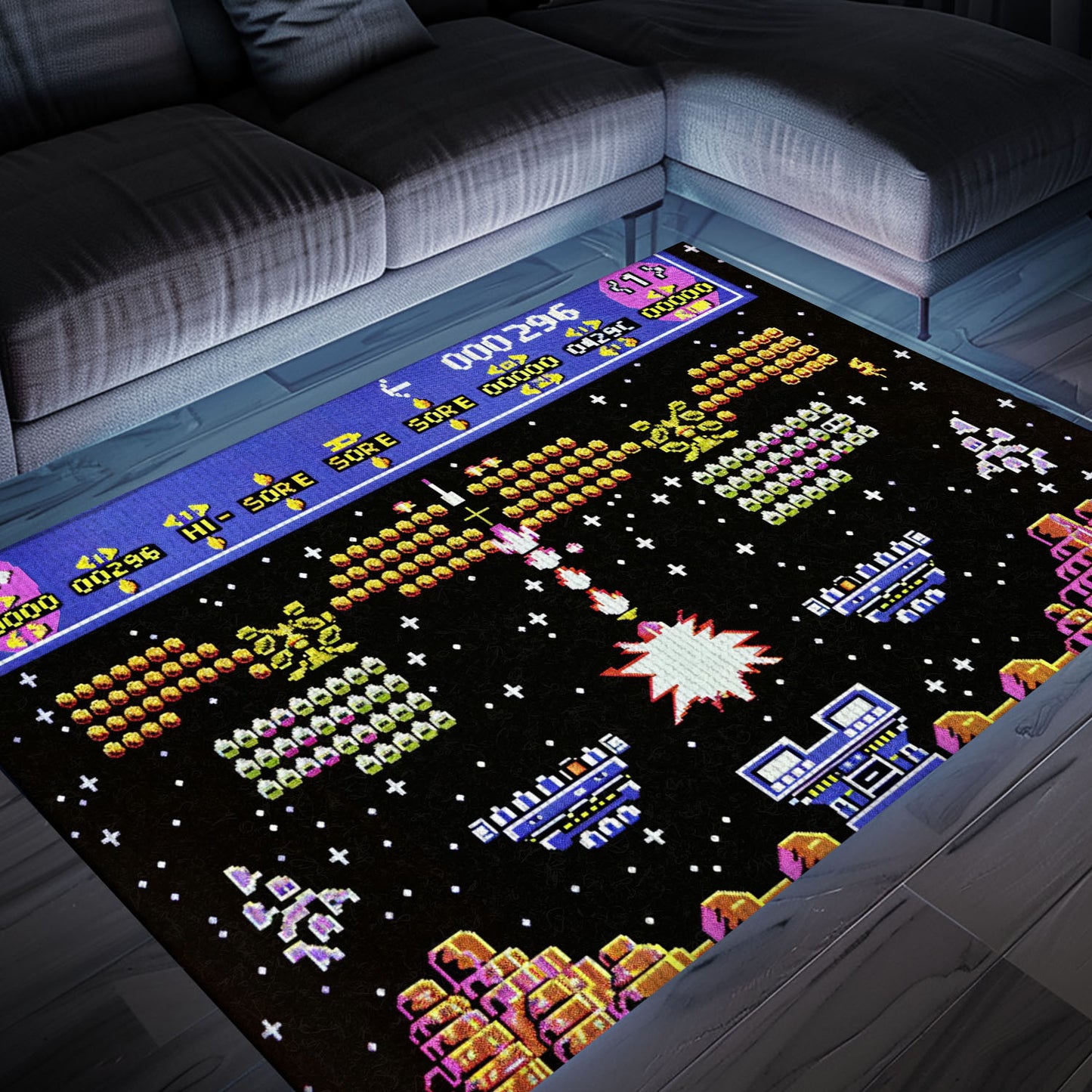 Immerse Yourself in Gaming Paradise with 80s Arcade Carpet Capturing Space Invaders Aesthetic, Ideal for Gamers, Arcade Decor, Gift for Gamers, Video Game Lovers G225