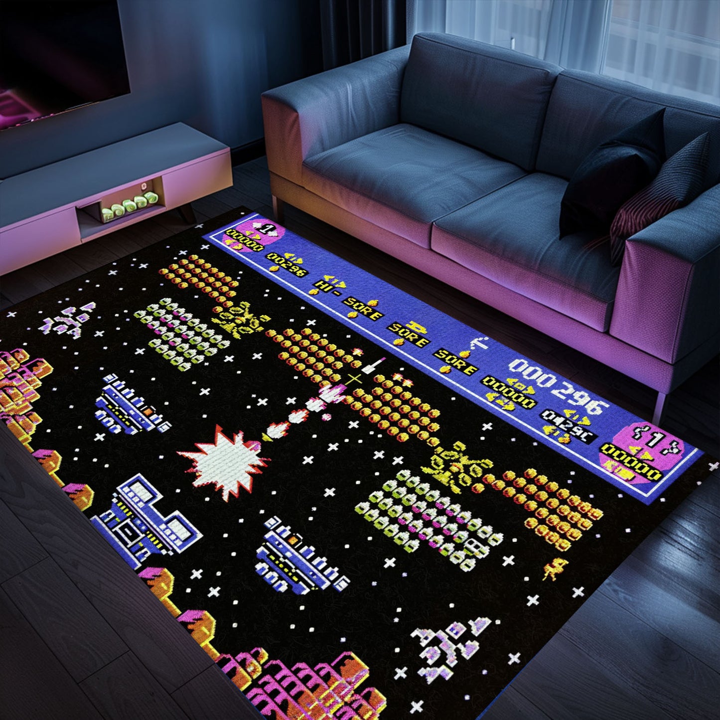 Immerse Yourself in Gaming Paradise with 80s Arcade Carpet Capturing Space Invaders Aesthetic, Ideal for Gamers, Arcade Decor, Gift for Gamers, Video Game Lovers G225
