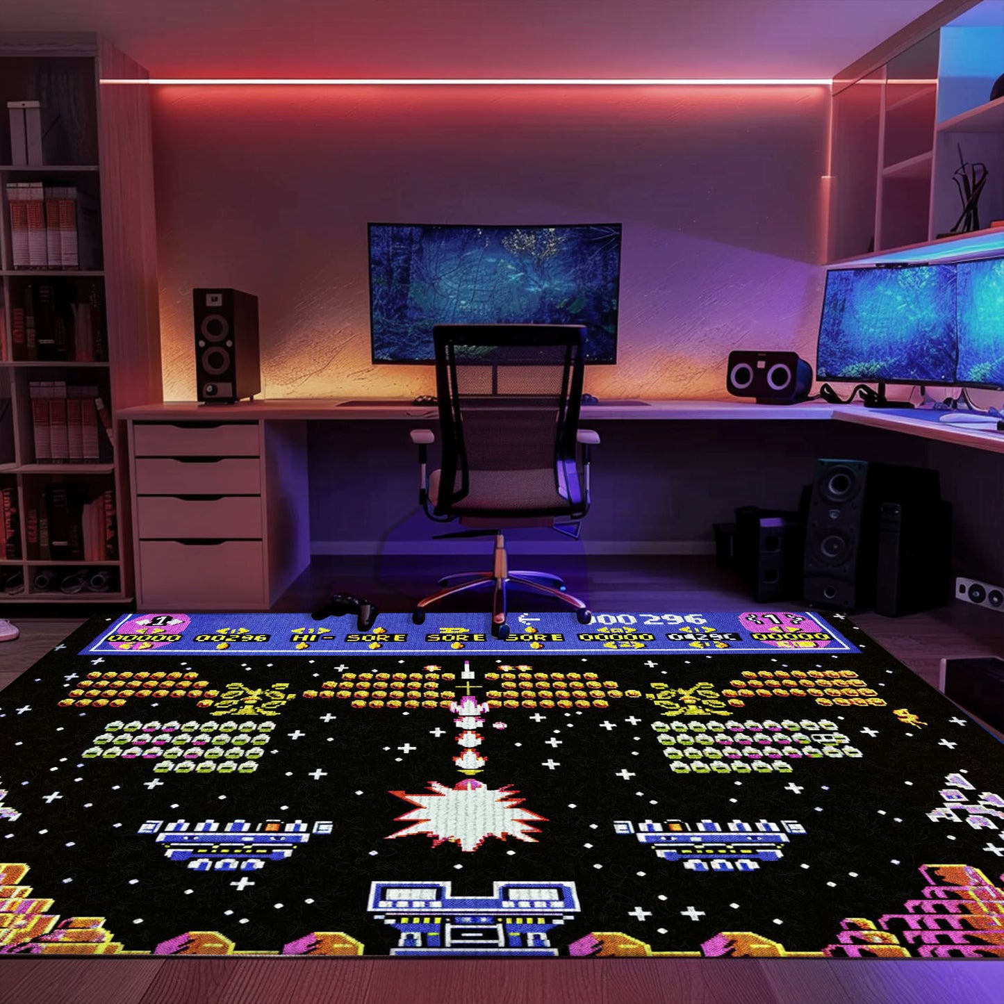 Immerse Yourself in Gaming Paradise with 80s Arcade Carpet Capturing Space Invaders Aesthetic, Ideal for Gamers, Arcade Decor, Gift for Gamers, Video Game Lovers G225