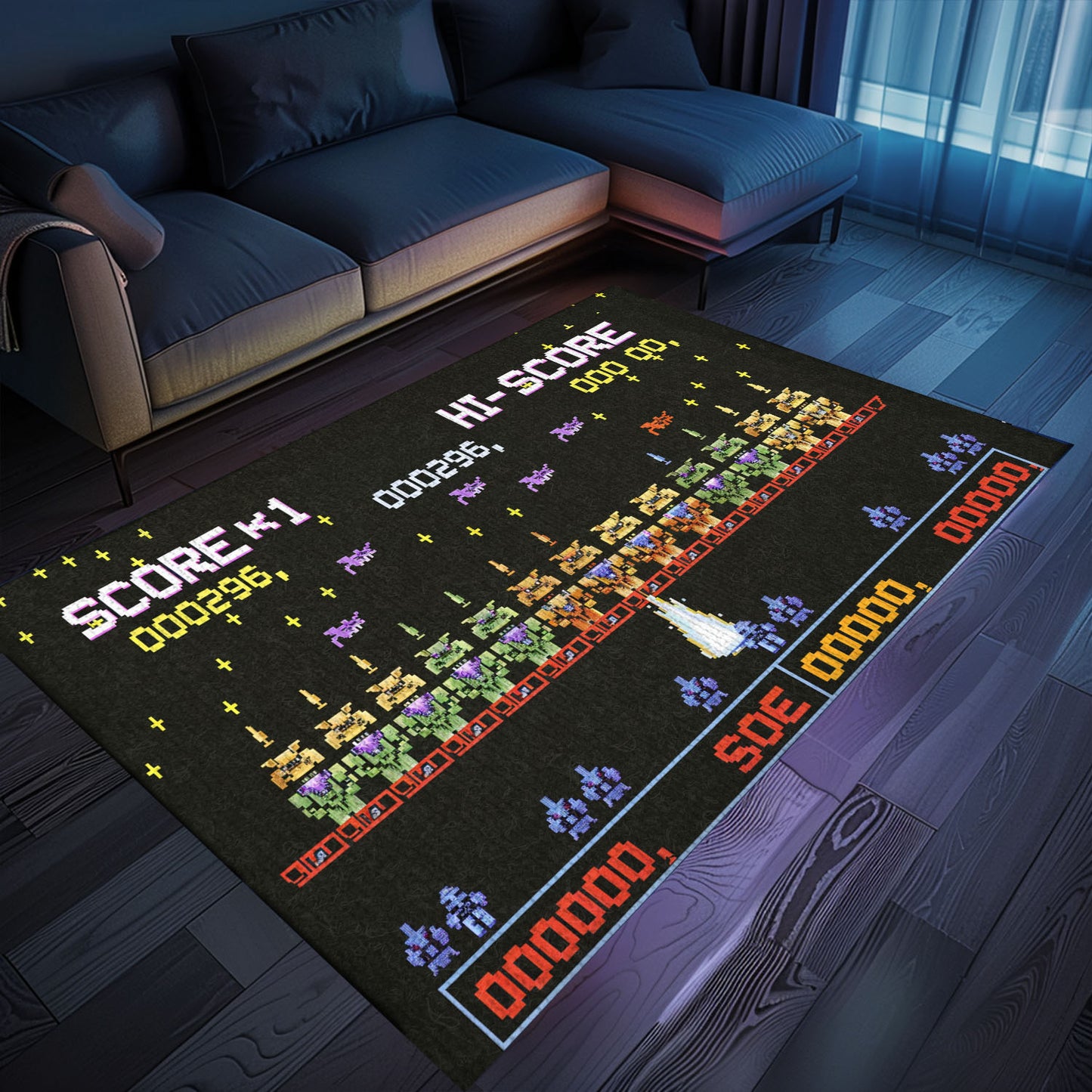 Indulge in Retro Gaming Culture with 80s Arcade Carpet Adorned with Space Invaders Artwork, Arcade Decor, Gift for Gamers, Video Game Lovers G218