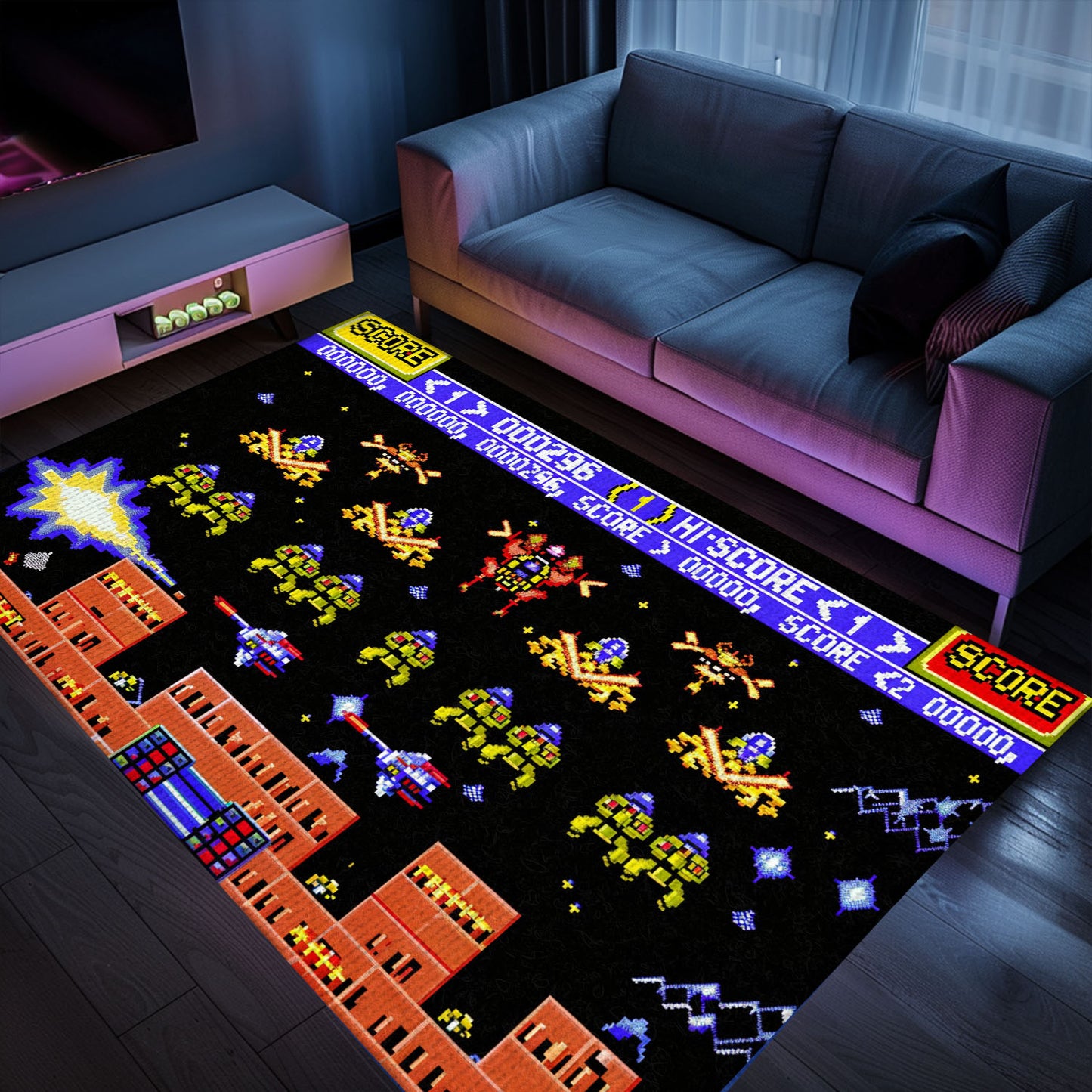 Imbue Your Room with Gaming Nostalgia: 80s Arcade Carpet Featuring Space Invaders Theme, Arcade Decor, Gift for Gamers, Video Game Lovers G216