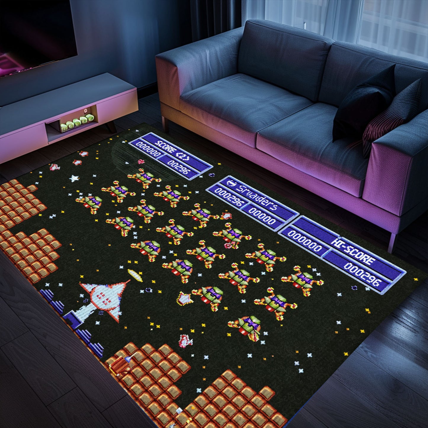 Make a Statement with 80s Arcade Carpet Infused with Space Invaders Aesthetic, Perfect for Gamers, Arcade Decor, Gift for Gamers, Video Game Lovers G215