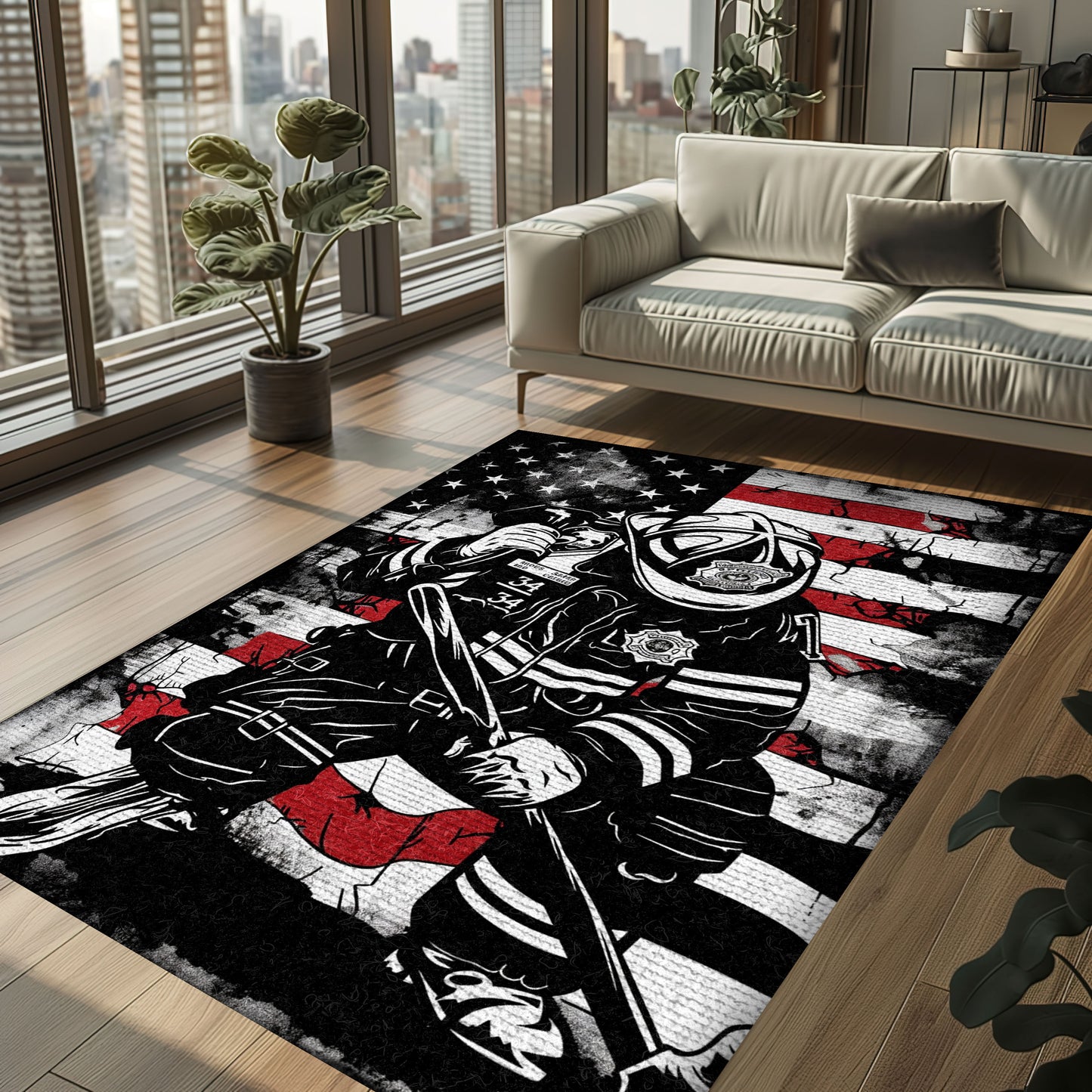 Red, White, and Courage: Personalized America Flag Fire Fighter Rug, Firefighter Rugs for Living Room Bedroom, Firefighter Rectangular Rugs Full Size FR150