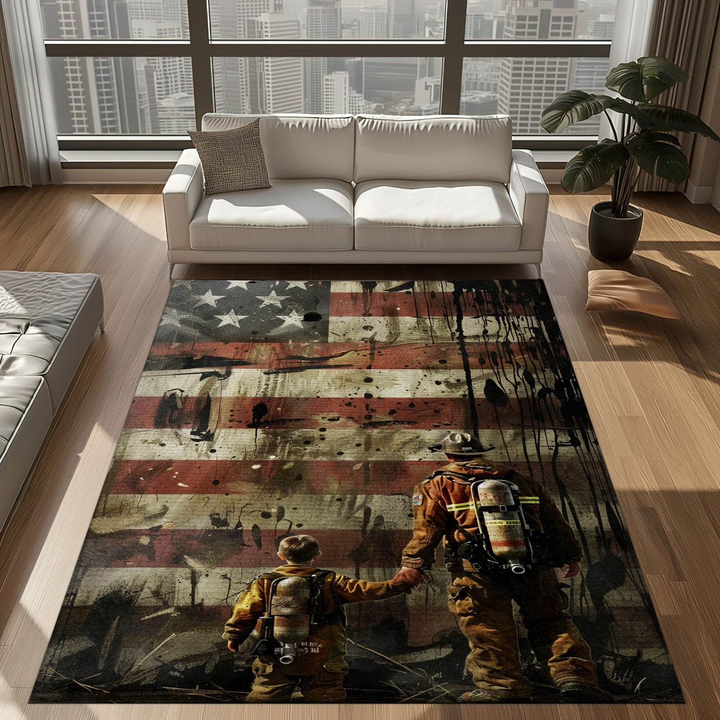 Bold Fire Truck in Front of the USA Flag Area Rug: Show Support for First Responders and Nation, Firefighter Rugs for Living Room Bedroom, Firefighter Rectangular Rugs Full Size FR60