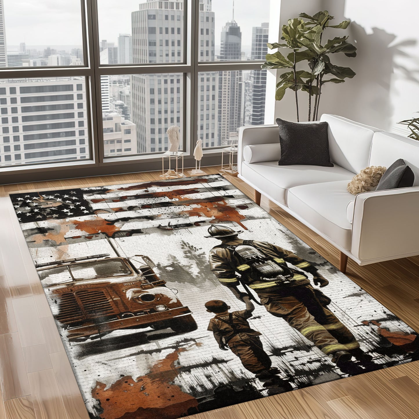 Bold Fire Truck in Front of the USA Flag Area Rug: Show Support for First Responders and Nation, Firefighter Rugs for Living Room Bedroom, Firefighter Rectangular Rugs Full Size FR60