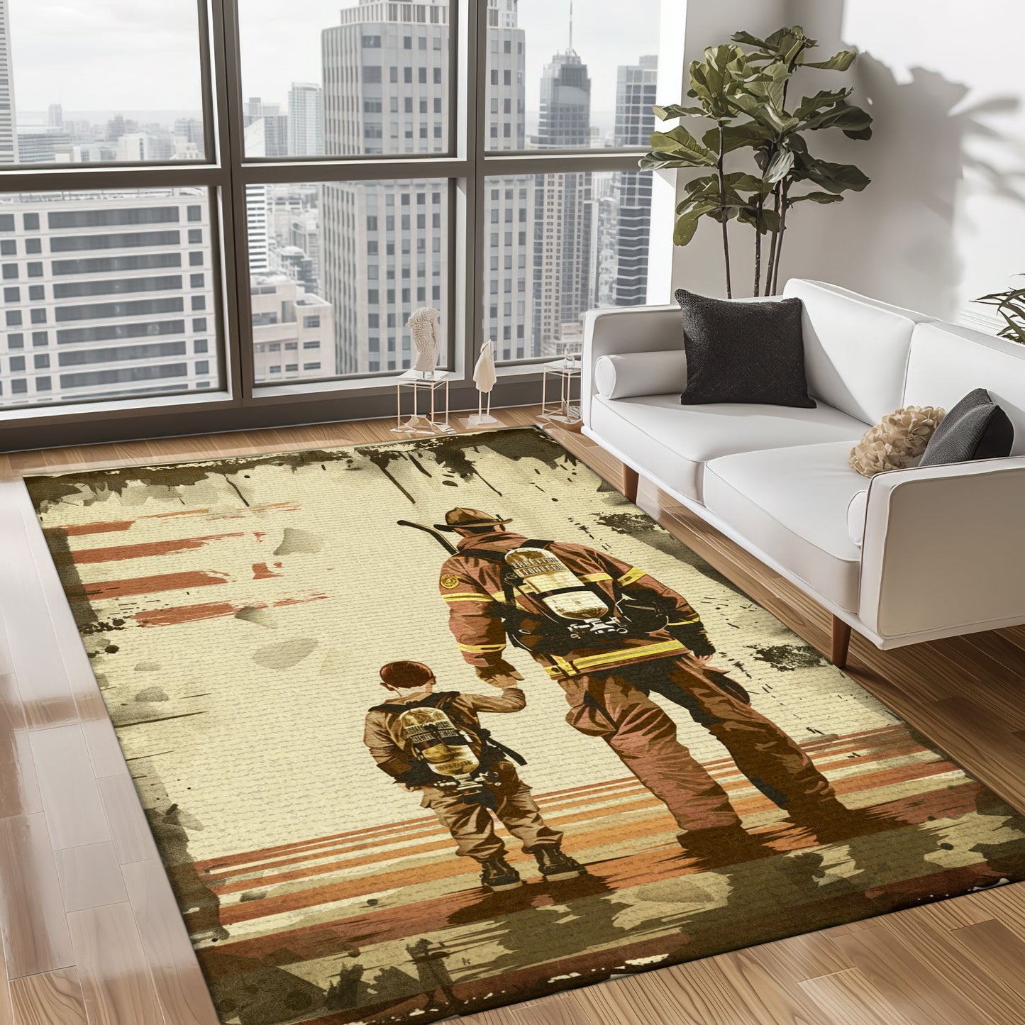 Bold Fire Truck in Front of the USA Flag Area Rug: Show Support for First Responders and Nation, Firefighter Rugs for Living Room Bedroom, Firefighter Rectangular Rugs Full Size FR60