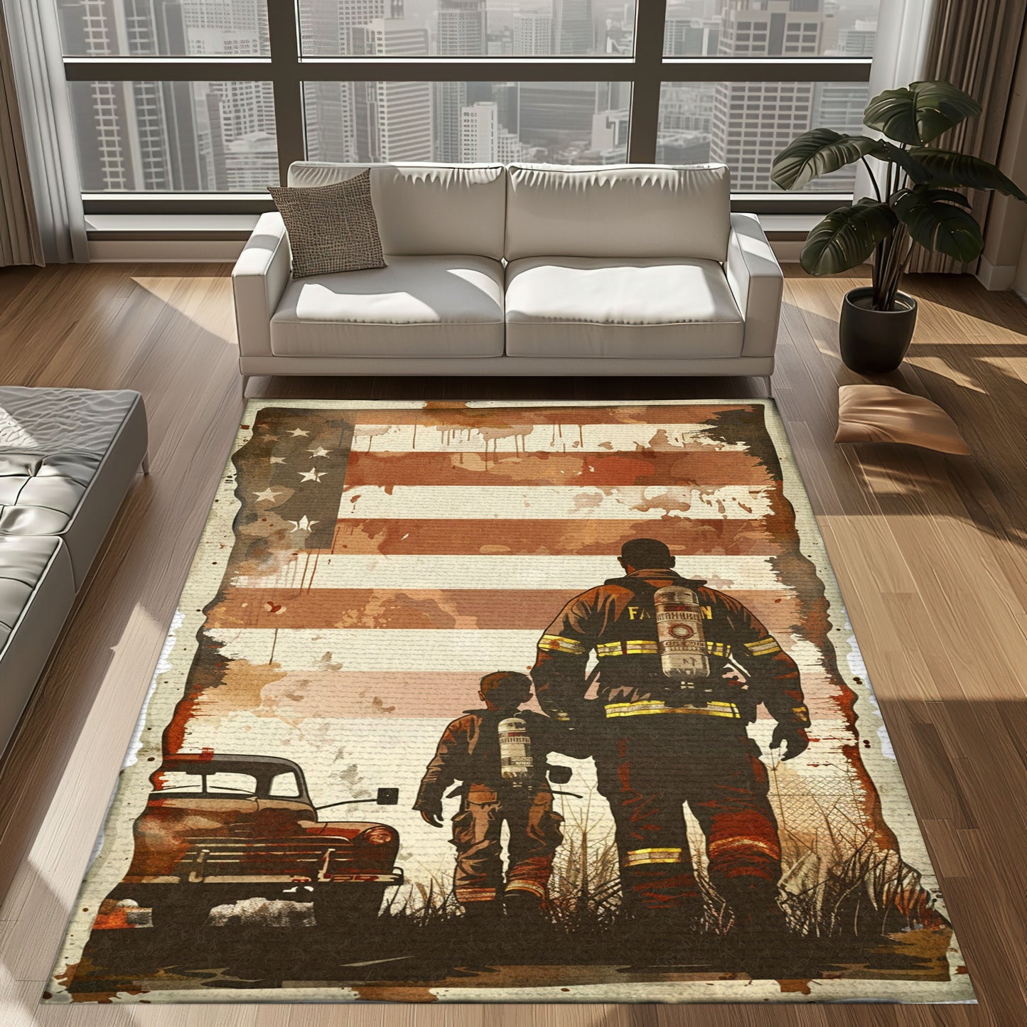 Heroic Dad Firefighter and Son Custom Carpet: Celebrate Family and Sacrifice, Firefighter Rugs for Living Room Bedroom, Firefighter Rectangular Rugs Full Size FR75