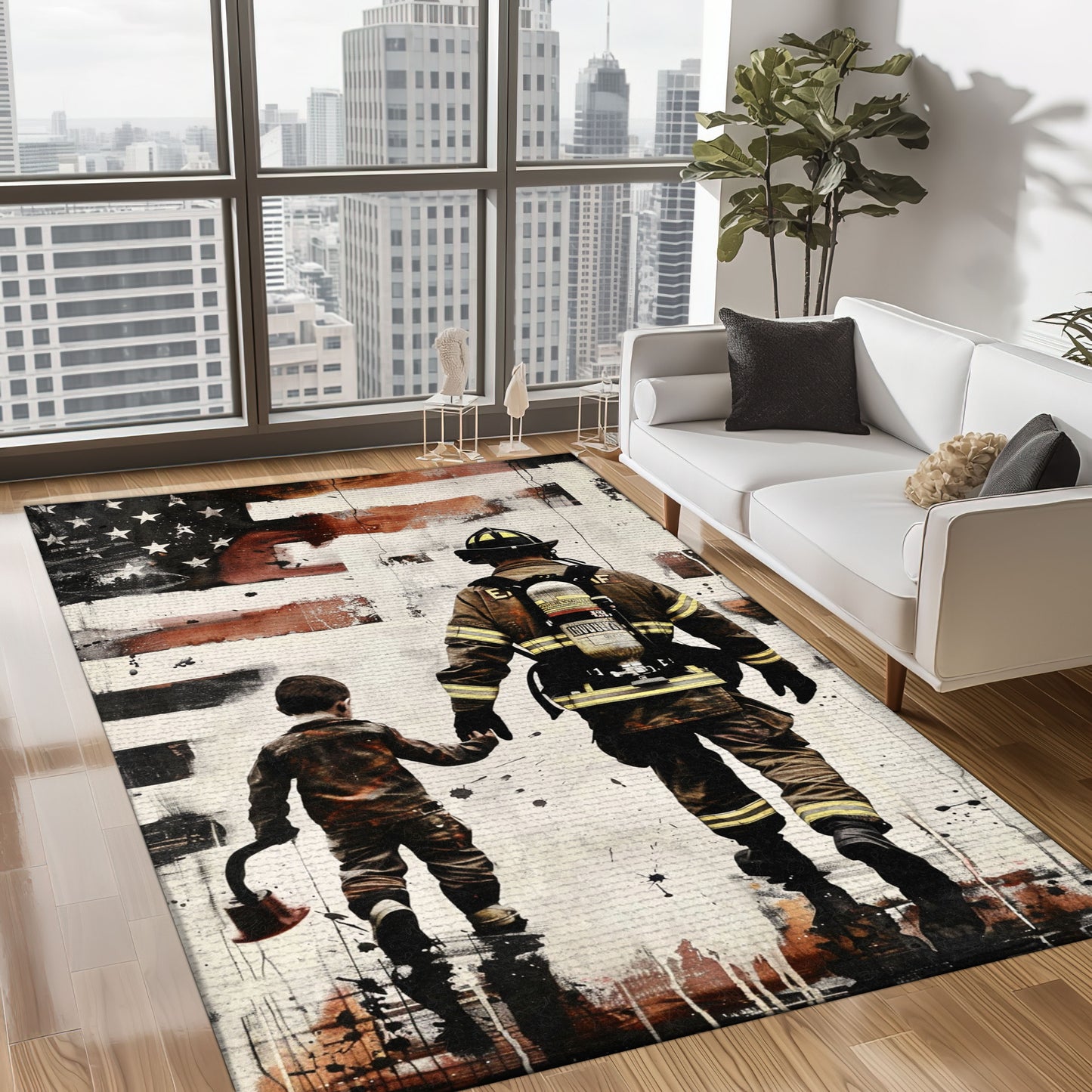Dynamic Dad Firefighter and Son Personalized Rug: Symbolize Family and Heroism, Firefighter Rugs for Living Room Bedroom, Firefighter Rectangular Rugs Full Size FR71