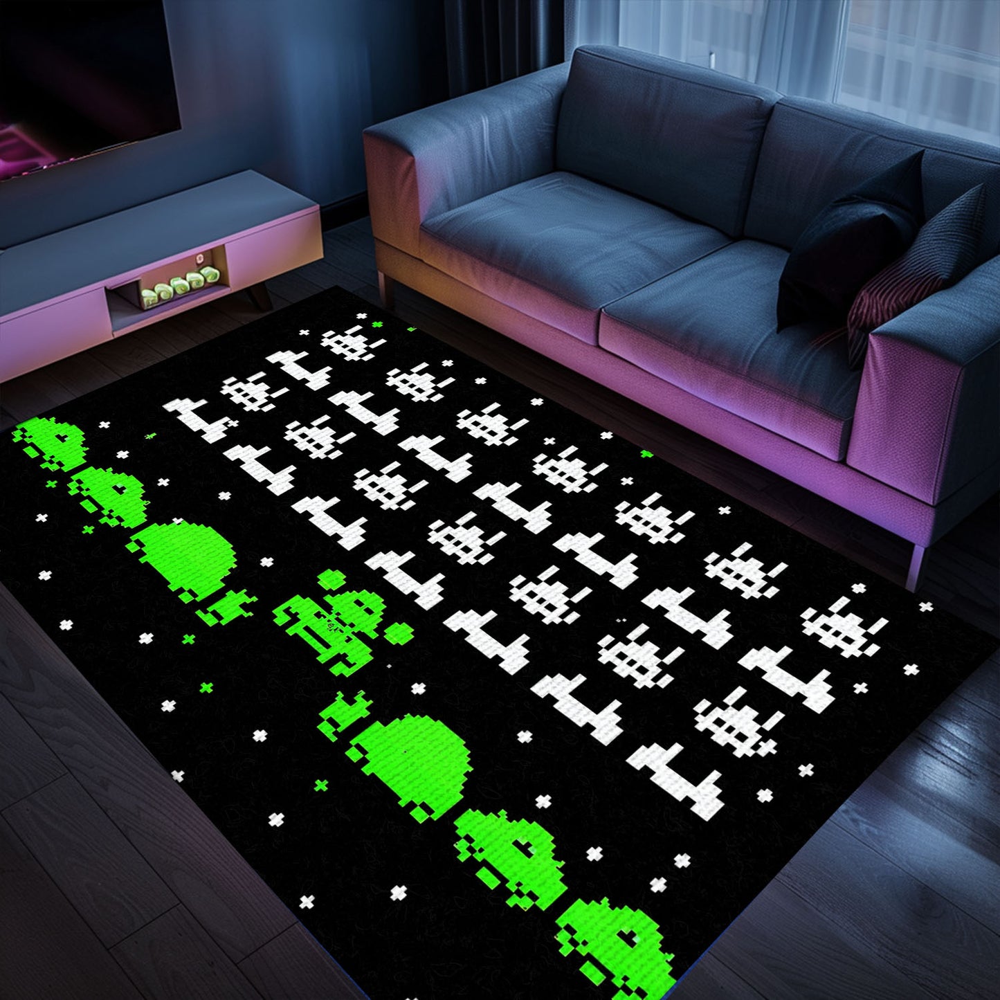 Personalize Your Space with Dark and Neon 80s Arcade Carpet, Featuring Iconic Space Invaders Design, Arcade Decor, Gift for Gamers, Video Game Lovers G179