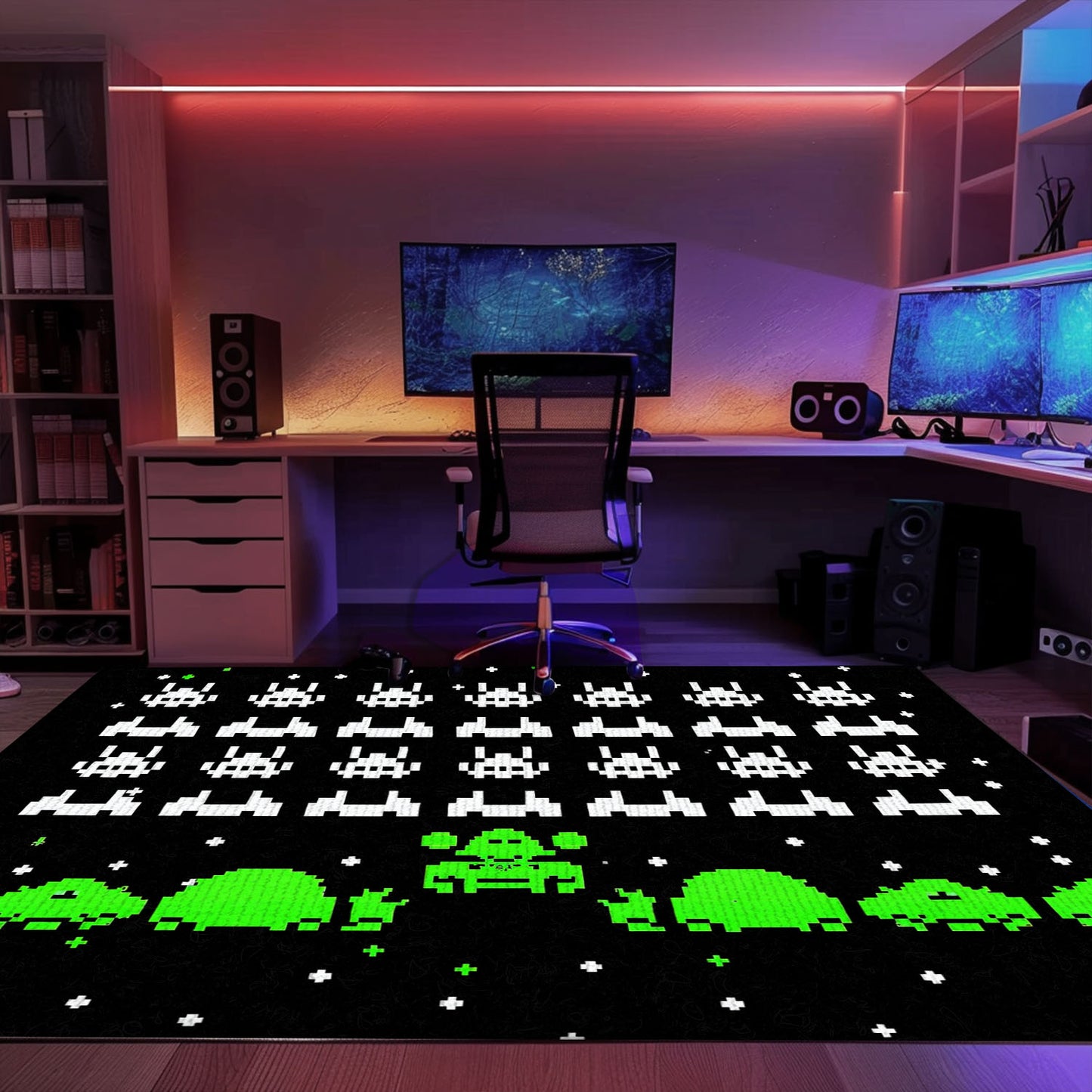 Personalize Your Space with Dark and Neon 80s Arcade Carpet, Featuring Iconic Space Invaders Design, Arcade Decor, Gift for Gamers, Video Game Lovers G179