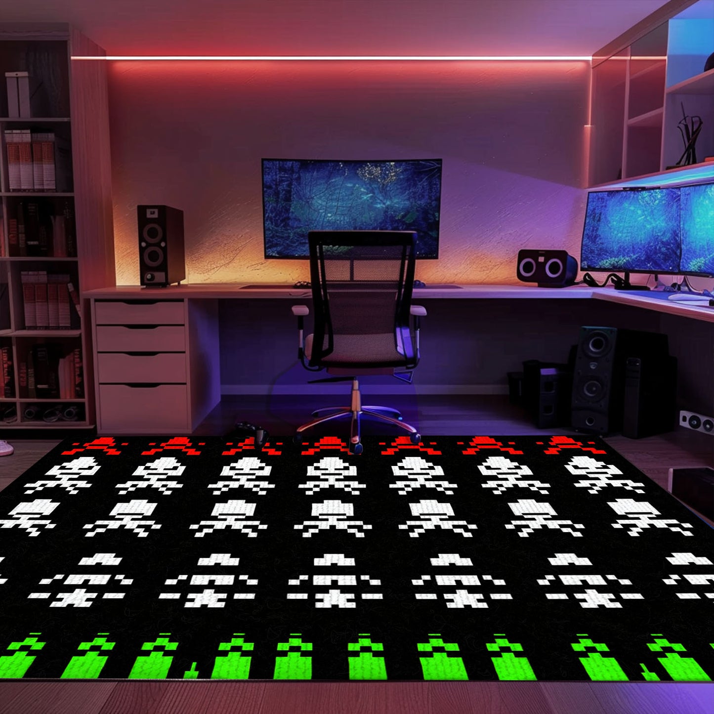 Elevate Your Gaming Den with Dark and Neon 80s Arcade Carpet, Inspired by the Legendary Space Invaders, Arcade Decor, Gift for Gamers, Video Game Lovers G178