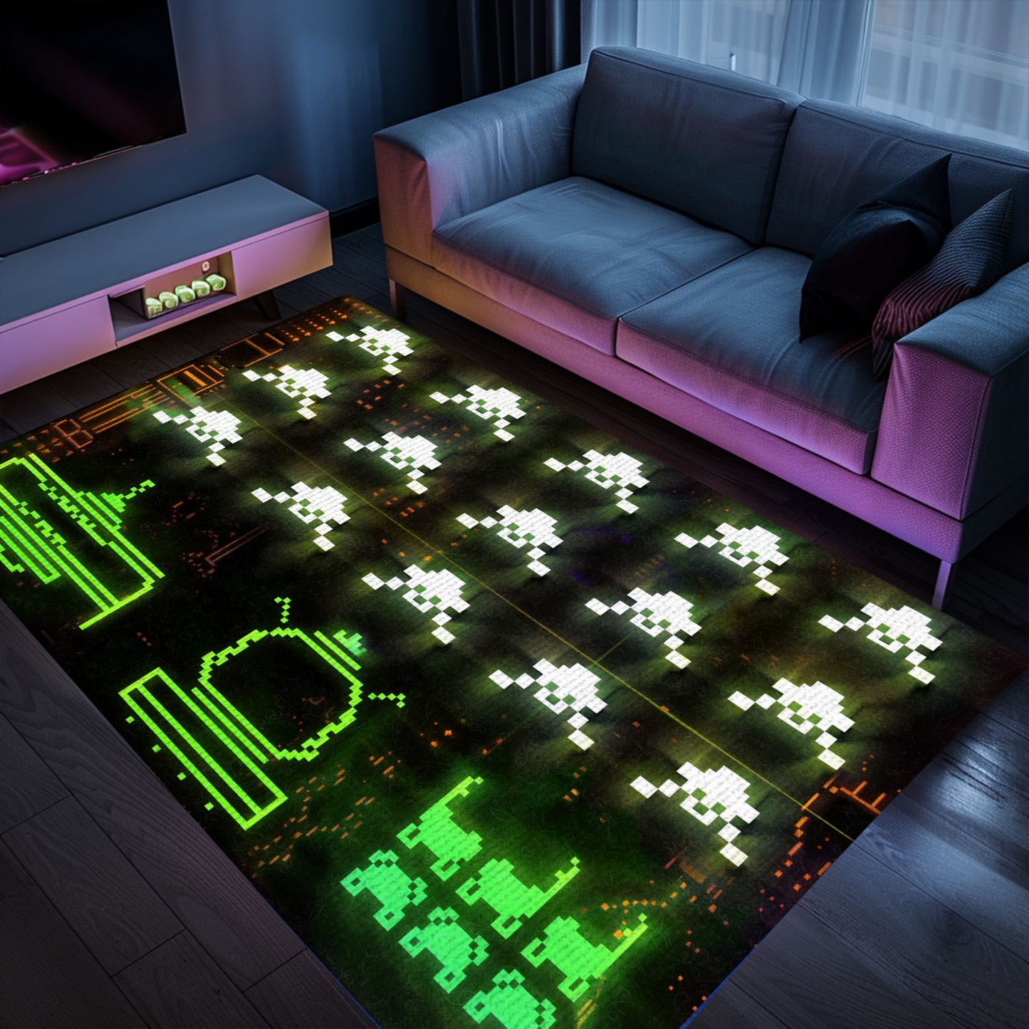 Indulge in Gaming Nostalgia with Dark and Neon 80s Arcade Carpet, Adorned with Space Invaders Artwork, Arcade Decor, Gift for Gamers, Video Game Lovers G177