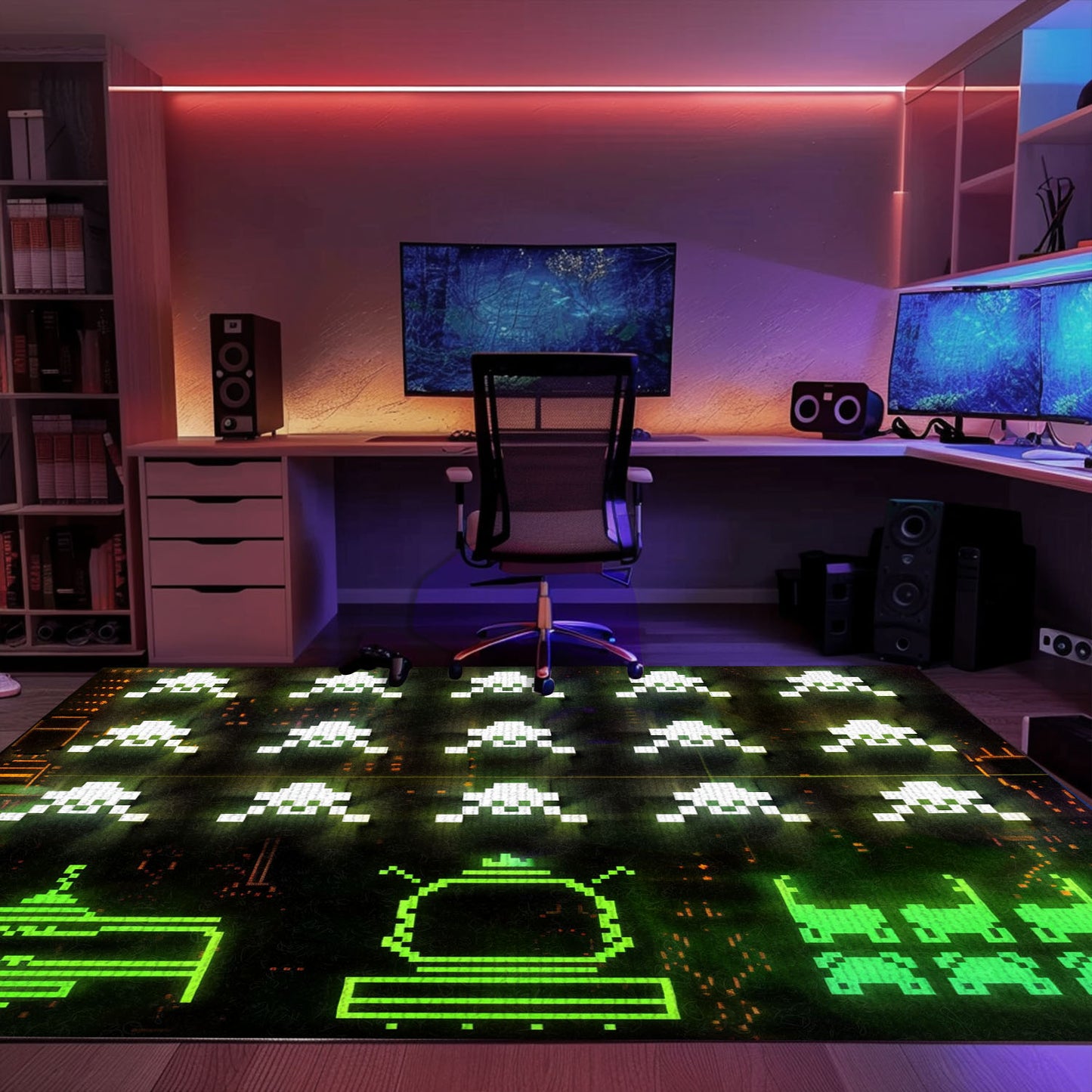 Indulge in Gaming Nostalgia with Dark and Neon 80s Arcade Carpet, Adorned with Space Invaders Artwork, Arcade Decor, Gift for Gamers, Video Game Lovers G177