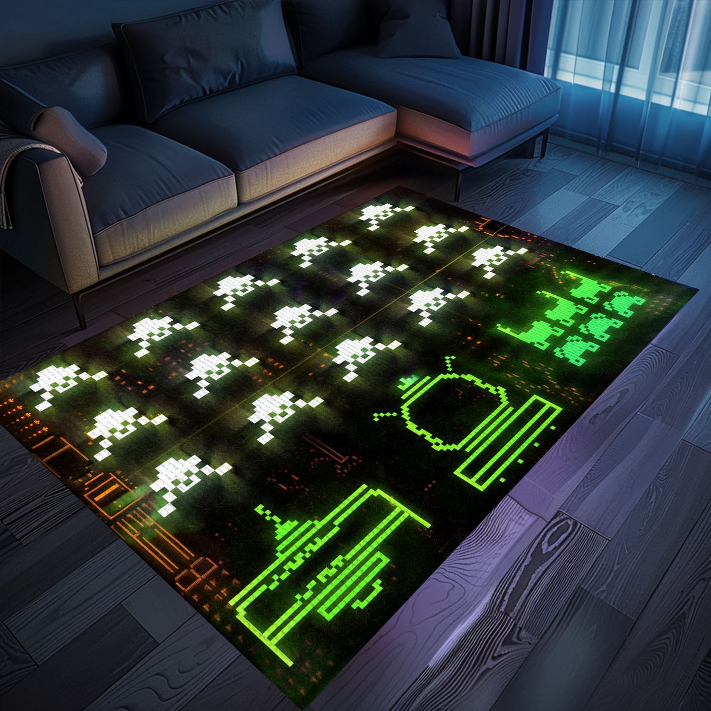 Indulge in Gaming Nostalgia with Dark and Neon 80s Arcade Carpet, Adorned with Space Invaders Artwork, Arcade Decor, Gift for Gamers, Video Game Lovers G177