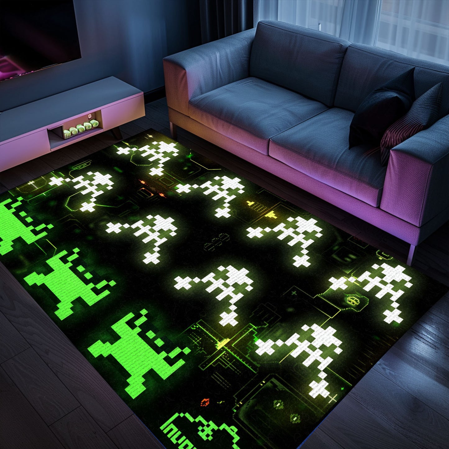 Enhance Your Room Décor with Dark and Neon 80s Arcade Carpet, Celebrating Space Invaders Legacy, Arcade Decor, Gift for Gamers, Video Game Lovers G173