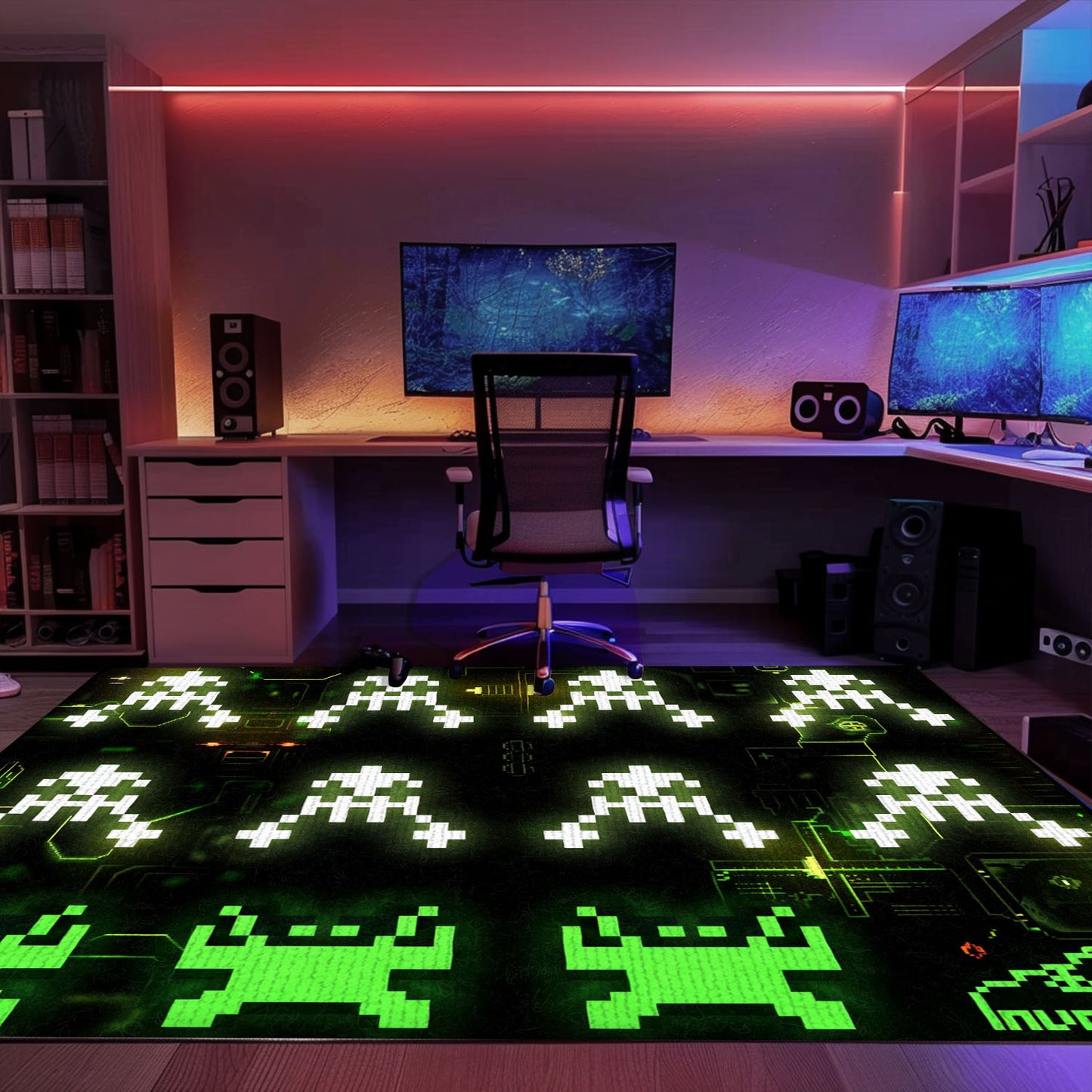 Enhance Your Room Décor with Dark and Neon 80s Arcade Carpet, Celebrating Space Invaders Legacy, Arcade Decor, Gift for Gamers, Video Game Lovers G173