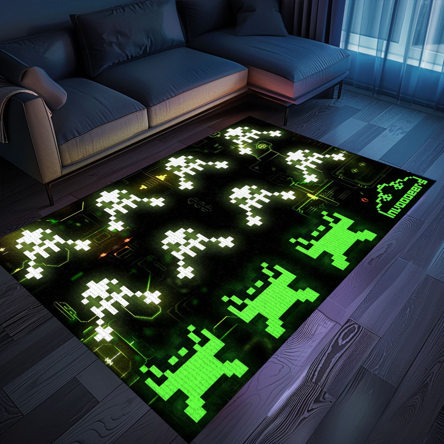 Enhance Your Room Décor with Dark and Neon 80s Arcade Carpet, Celebrating Space Invaders Legacy, Arcade Decor, Gift for Gamers, Video Game Lovers G173