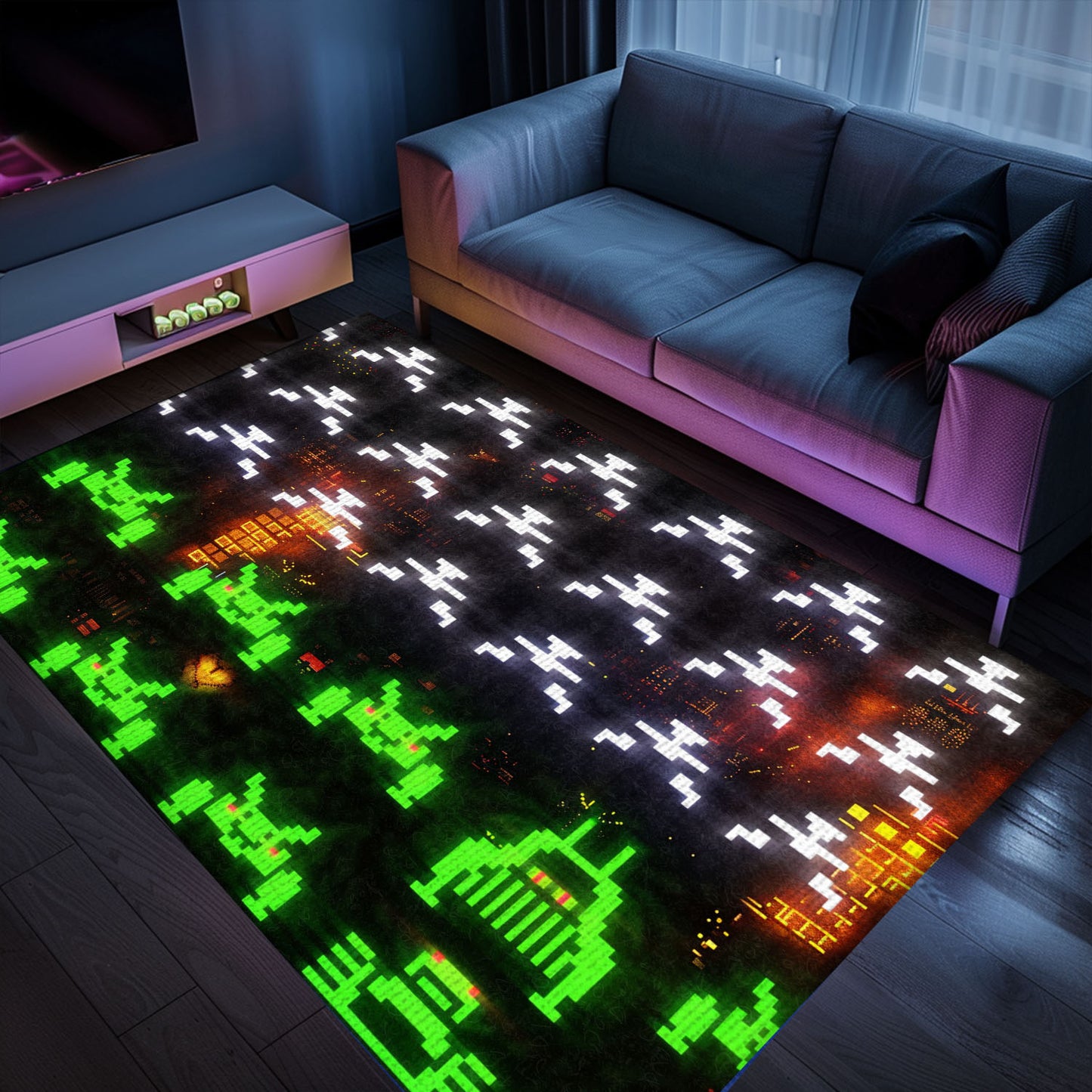 Make a Statement with Dark and Neon 80s Arcade Carpet, Evoking the Excitement of Space Invaders, Arcade Decor, Gift for Gamers, Video Game Lovers G172