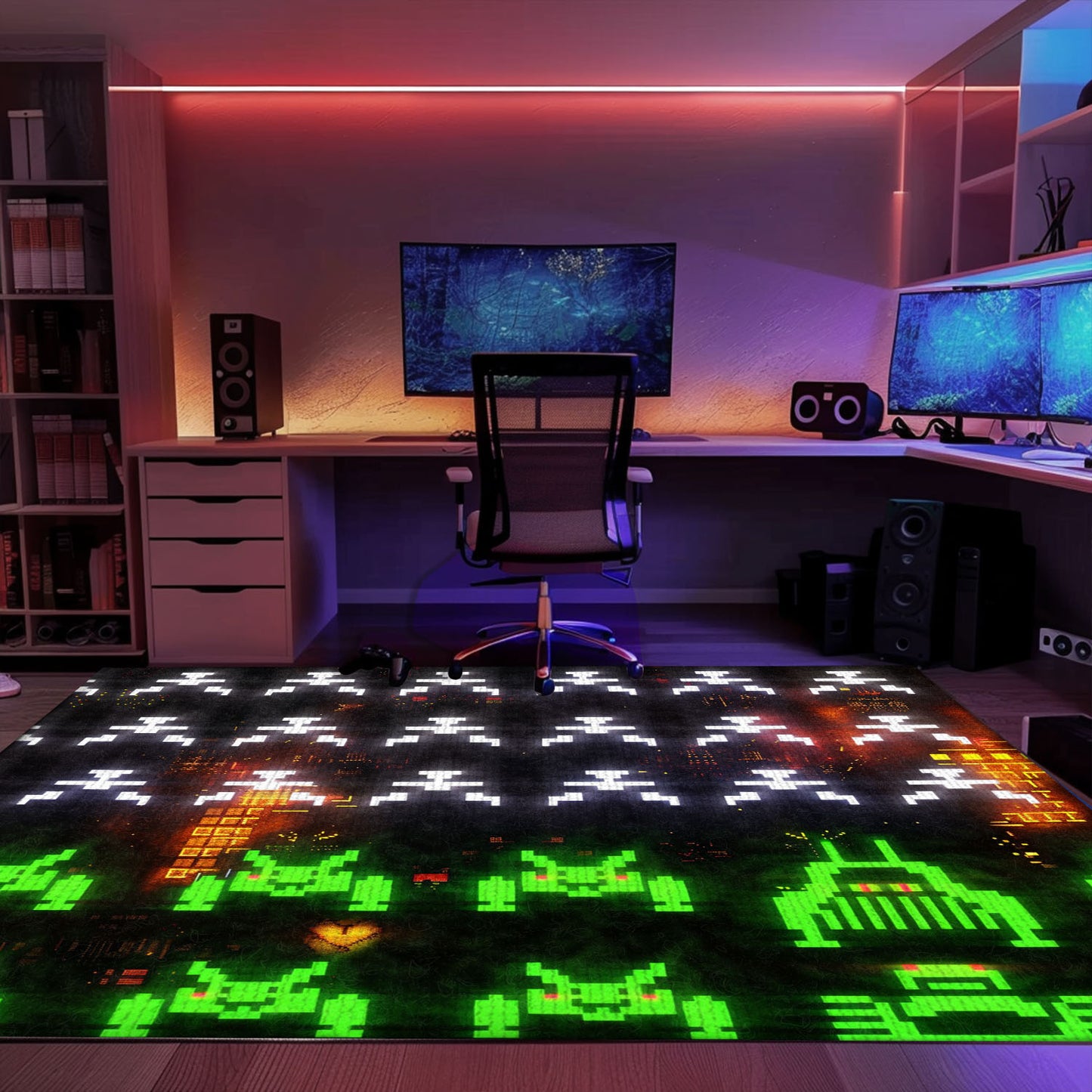 Make a Statement with Dark and Neon 80s Arcade Carpet, Evoking the Excitement of Space Invaders, Arcade Decor, Gift for Gamers, Video Game Lovers G172