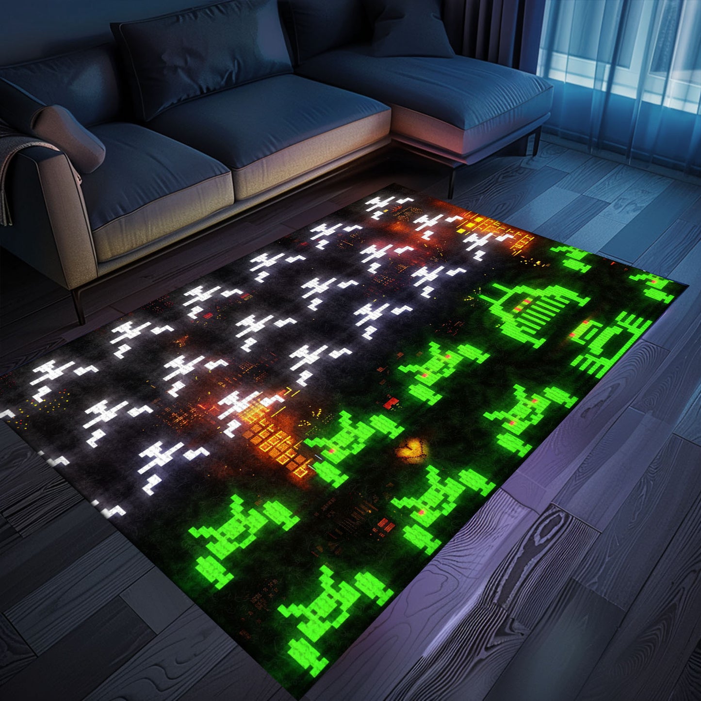 Make a Statement with Dark and Neon 80s Arcade Carpet, Evoking the Excitement of Space Invaders, Arcade Decor, Gift for Gamers, Video Game Lovers G172