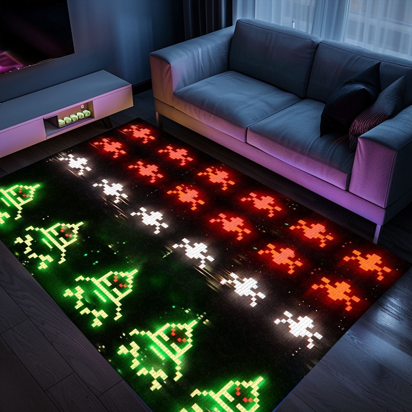 Imbue Your Room with Retro Gaming Charm with Dark and Neon 80s Arcade Carpet, Showcasing Space Invaders Theme, Arcade Decor, Gift for Gamers, Video Game Lovers G180