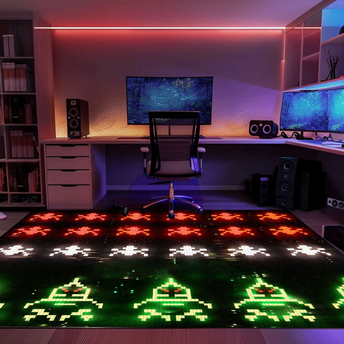 Imbue Your Room with Retro Gaming Charm with Dark and Neon 80s Arcade Carpet, Showcasing Space Invaders Theme, Arcade Decor, Gift for Gamers, Video Game Lovers G180