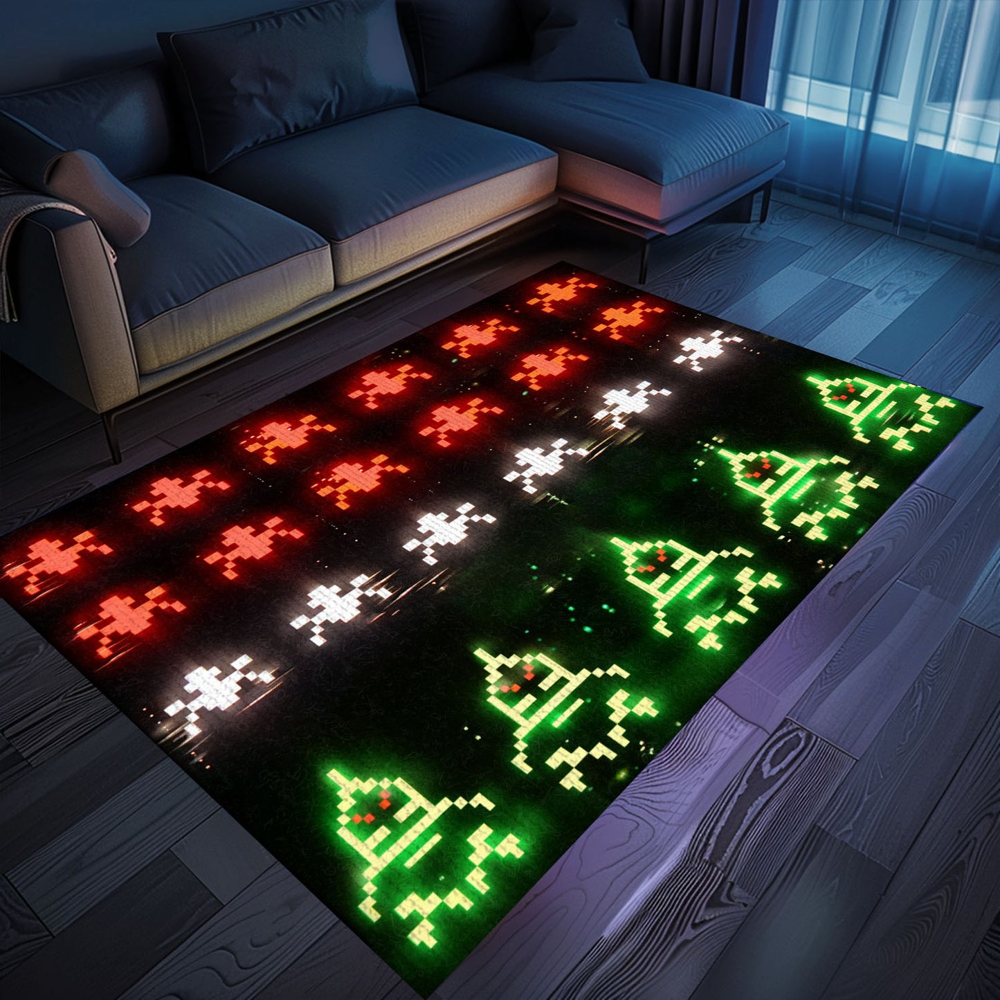 Imbue Your Room with Retro Gaming Charm with Dark and Neon 80s Arcade Carpet, Showcasing Space Invaders Theme, Arcade Decor, Gift for Gamers, Video Game Lovers G180