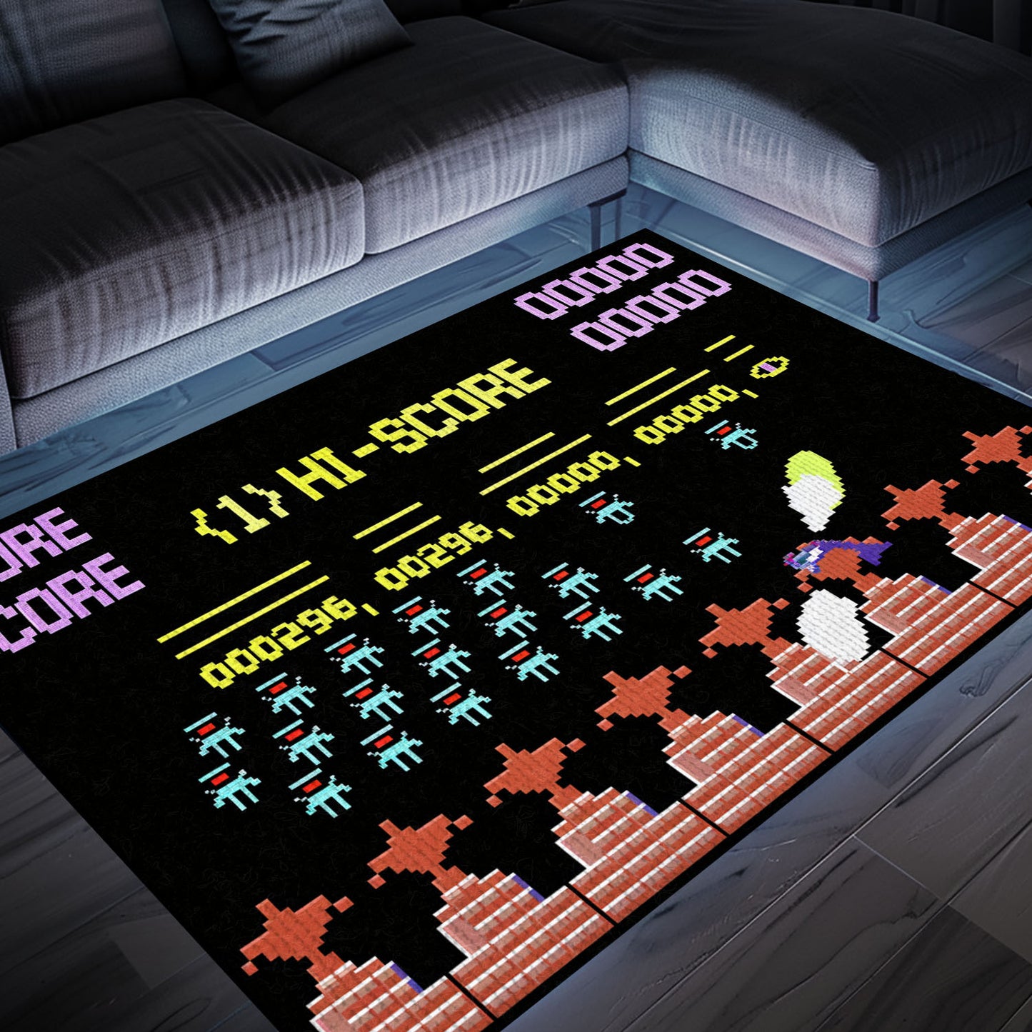 Unleash Your Inner Gamer with Dark and Neon 80s Arcade Carpet, Featuring Space Invaders Theme, Arcade Decor, Gift for Gamers, Video Game Lovers G168
