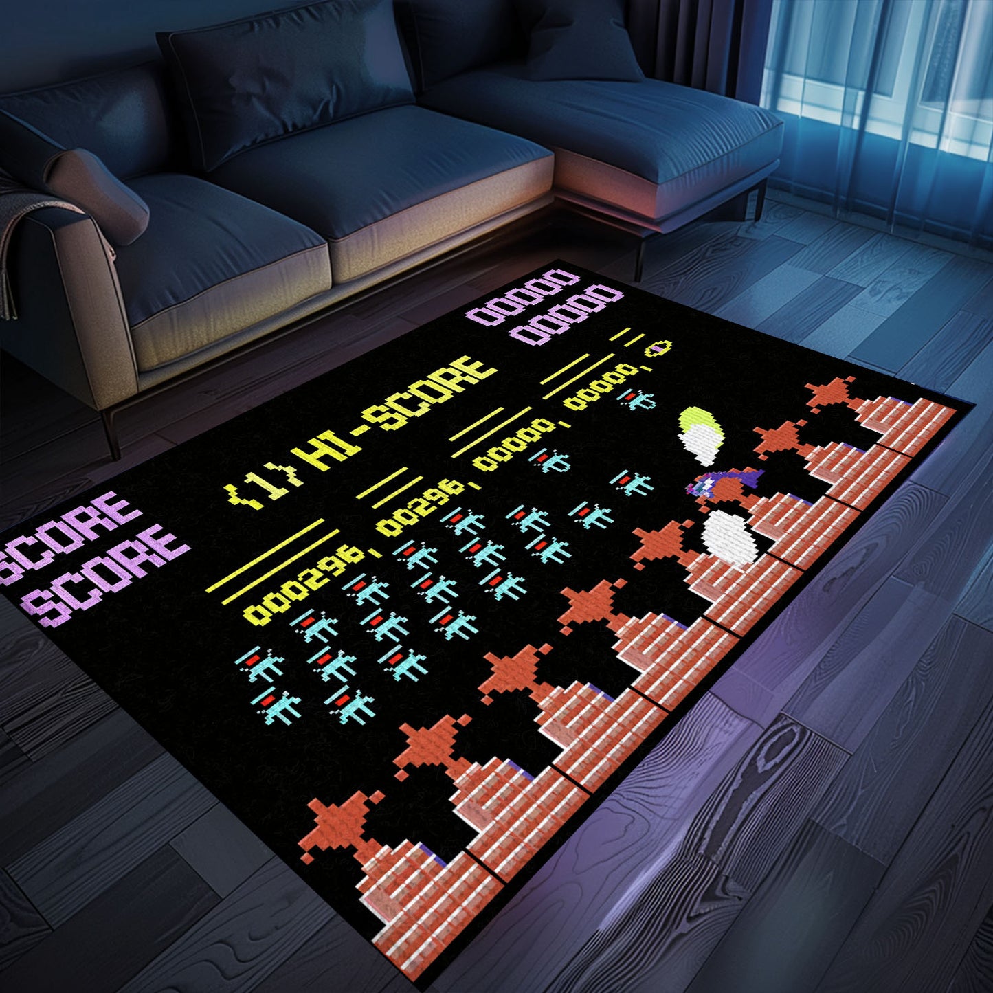 Unleash Your Inner Gamer with Dark and Neon 80s Arcade Carpet, Featuring Space Invaders Theme, Arcade Decor, Gift for Gamers, Video Game Lovers G168