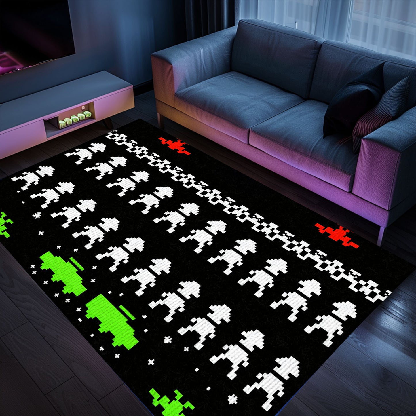 Immerse Yourself in Gaming Paradise with Dark and Neon 80s Arcade Carpet, Inspired by Space Invaders, Arcade Decor, Gift for Gamers, Video Game Lovers G167