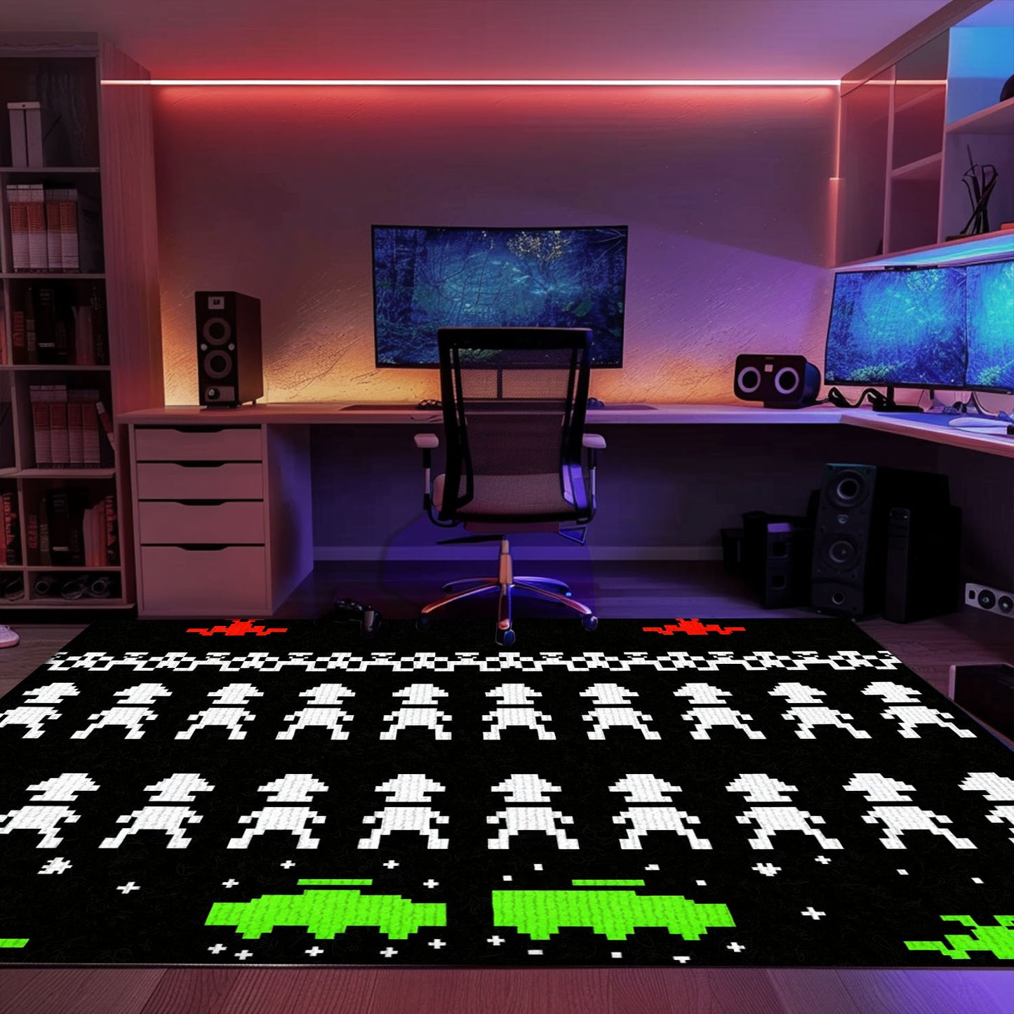 Immerse Yourself in Gaming Paradise with Dark and Neon 80s Arcade Carpet, Inspired by Space Invaders, Arcade Decor, Gift for Gamers, Video Game Lovers G167