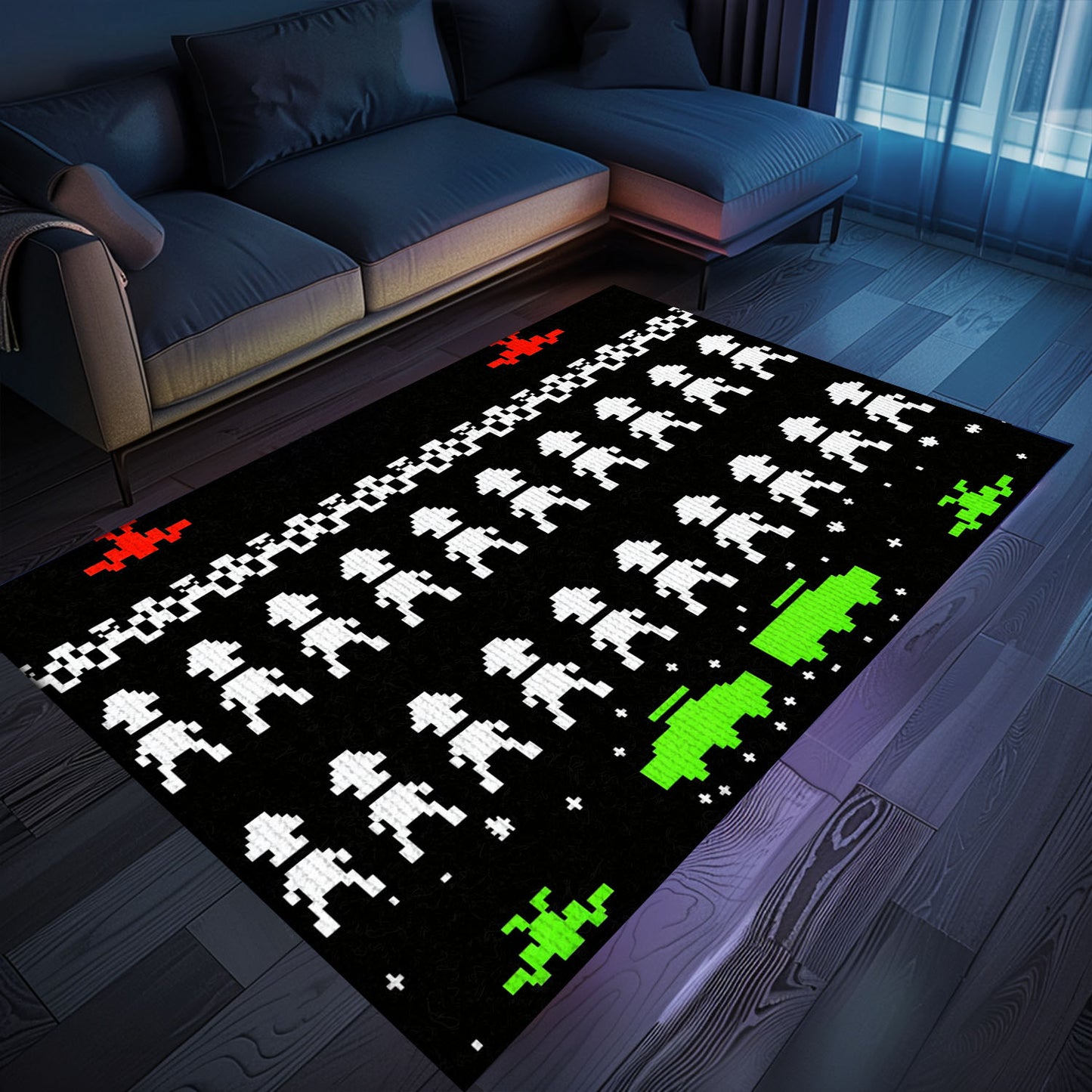 Immerse Yourself in Gaming Paradise with Dark and Neon 80s Arcade Carpet, Inspired by Space Invaders, Arcade Decor, Gift for Gamers, Video Game Lovers G167