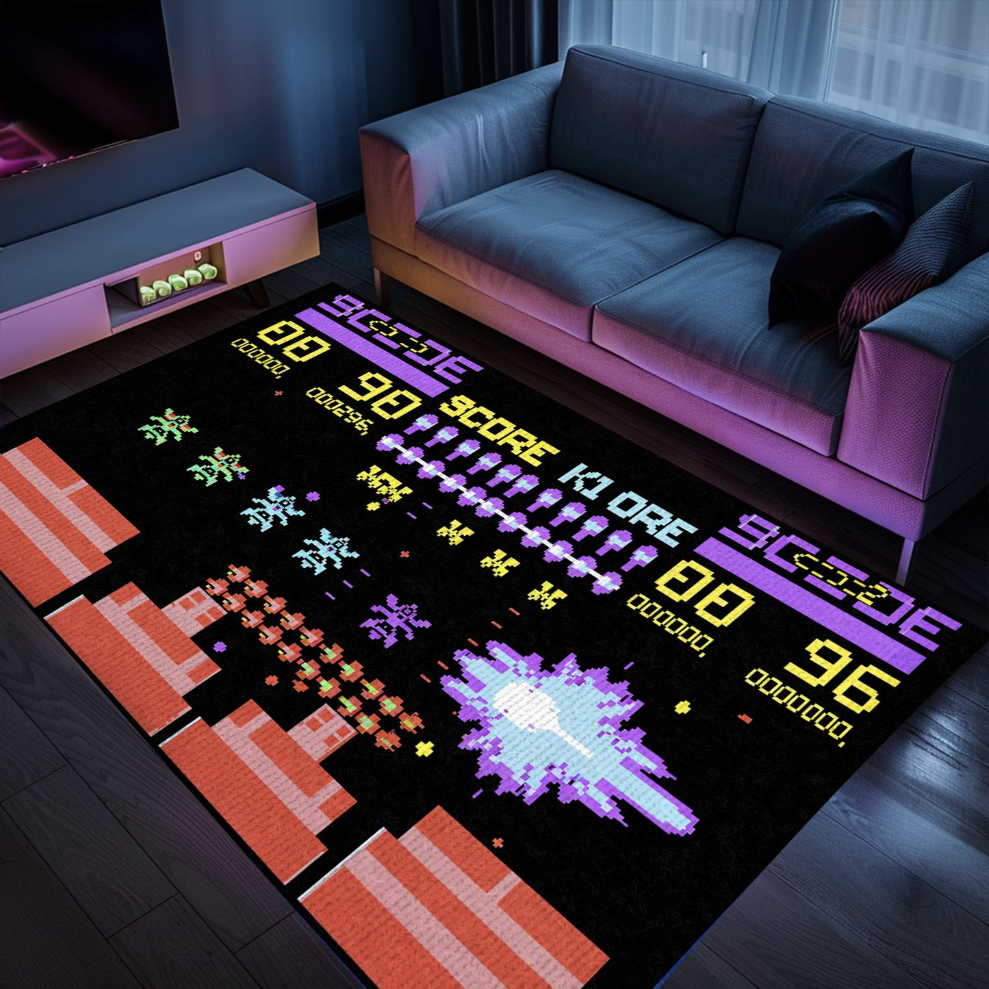 Infuse Your Living Space with Arcade Vibes: Dark and Neon 80s Carpet with Space Invaders Design, Arcade Decor, Gift for Gamers, Video Game Lovers G166