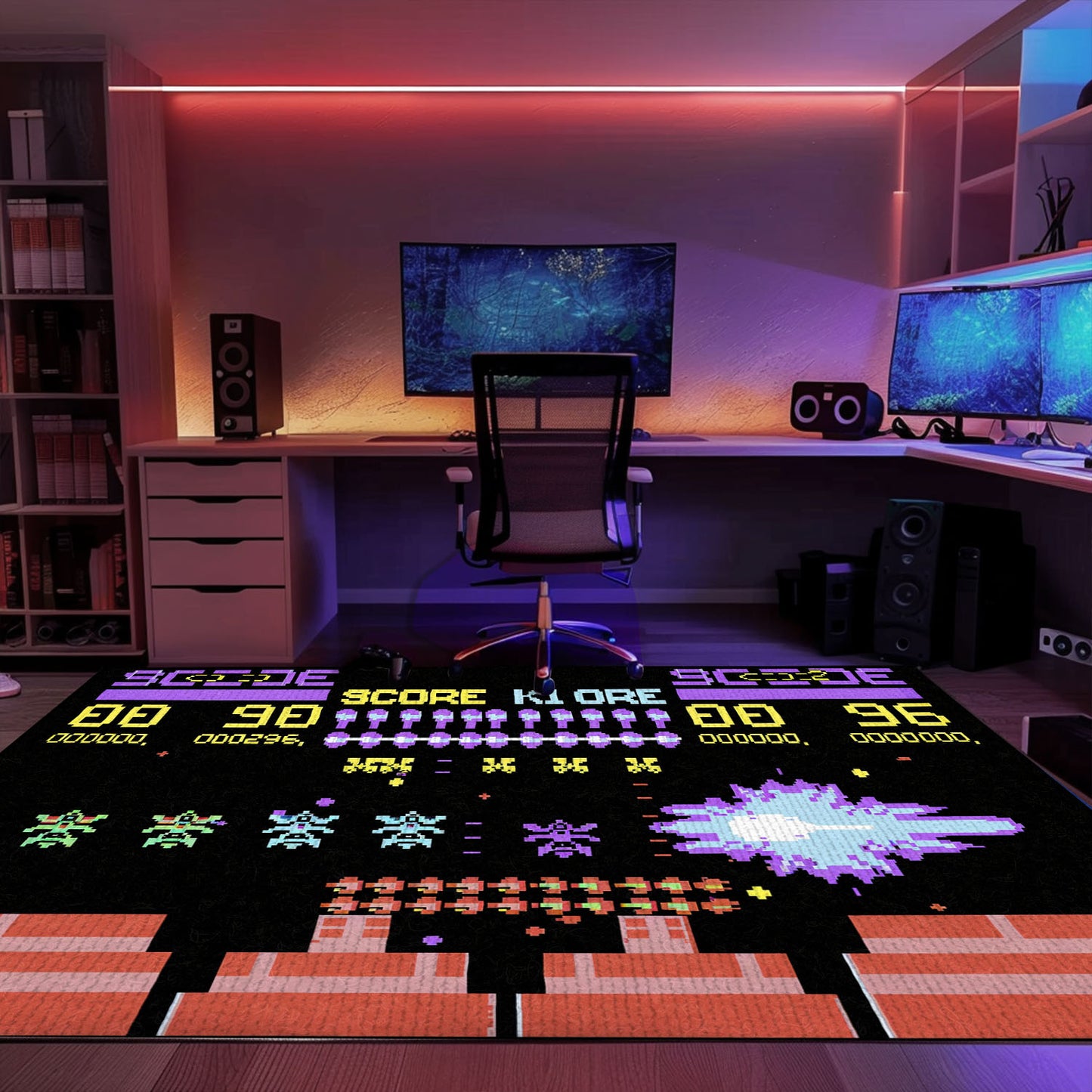 Infuse Your Living Space with Arcade Vibes: Dark and Neon 80s Carpet with Space Invaders Design, Arcade Decor, Gift for Gamers, Video Game Lovers G166