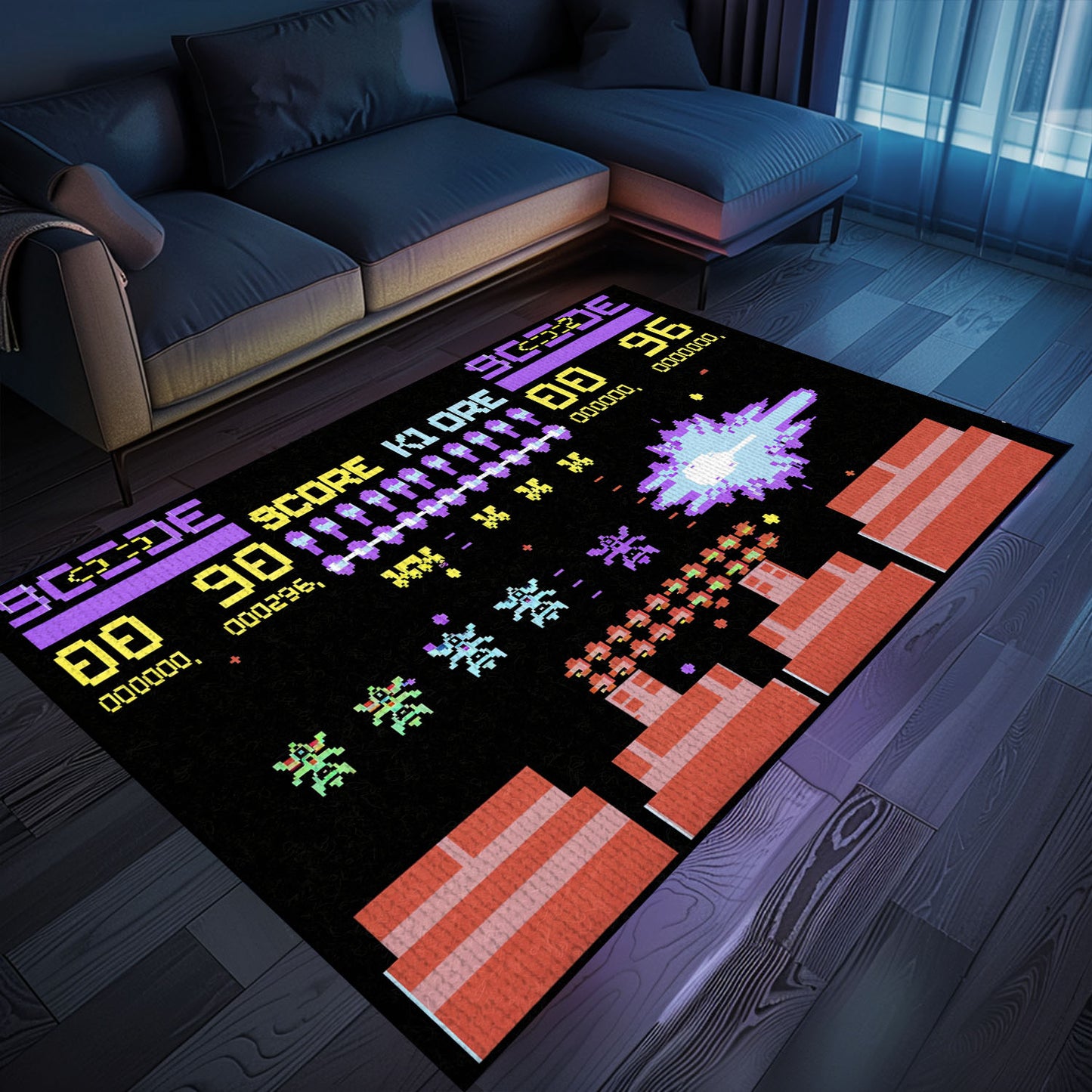 Infuse Your Living Space with Arcade Vibes: Dark and Neon 80s Carpet with Space Invaders Design, Arcade Decor, Gift for Gamers, Video Game Lovers G166