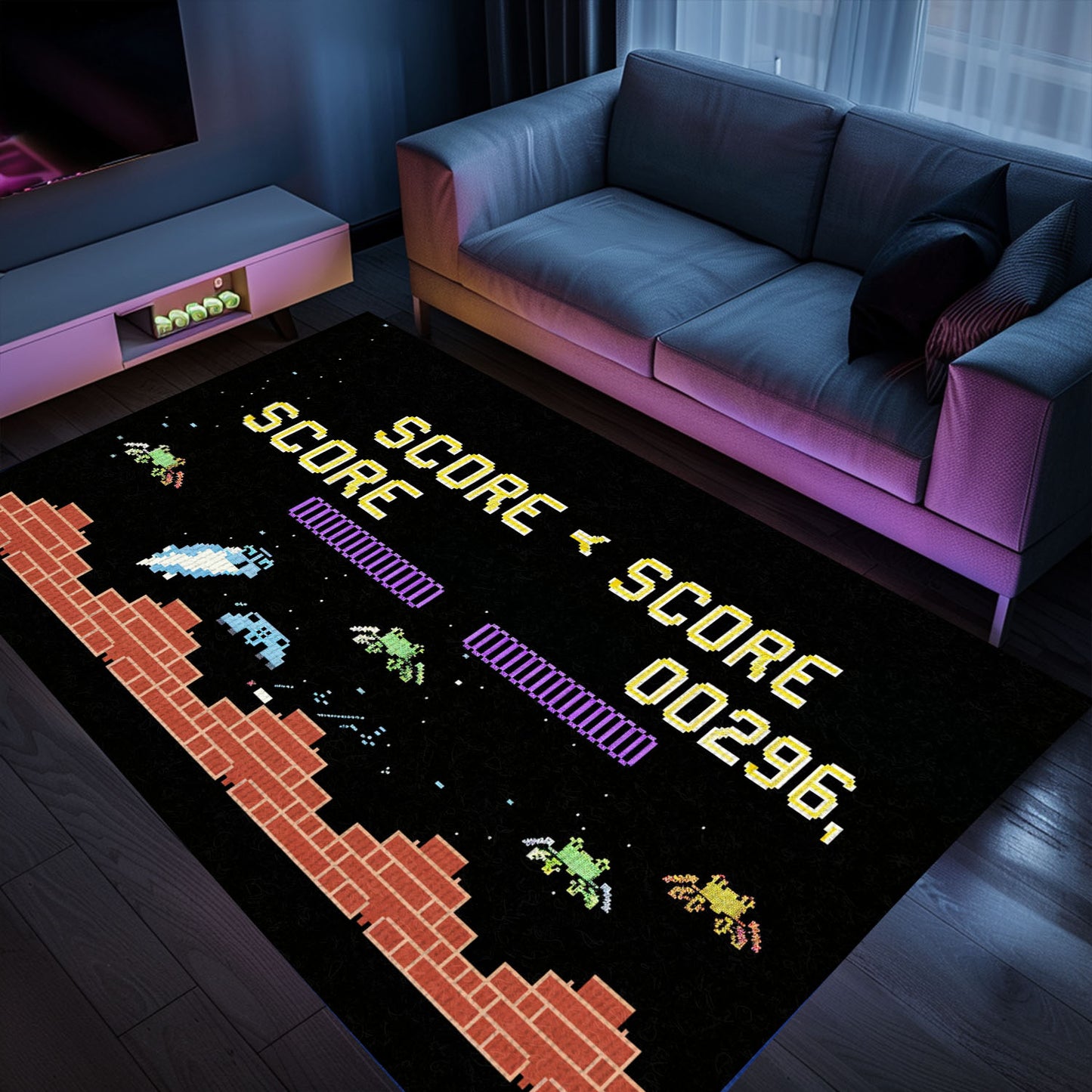 Level Up Your Room with Dark and Neon 80s Arcade Carpet, a Tribute to the Iconic Space Invaders Game, Arcade Decor, Gift for Gamers, Video Game Lovers G165