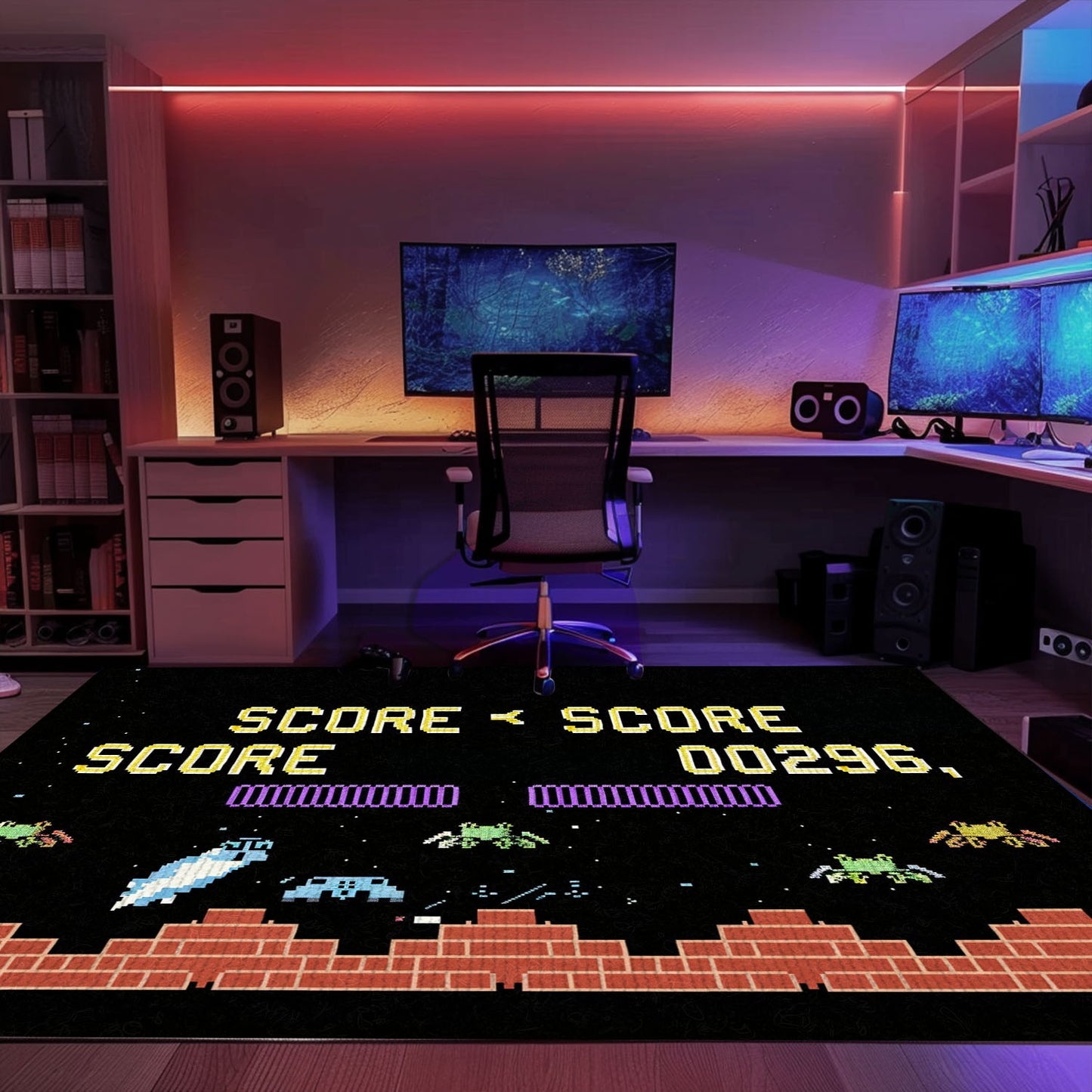Level Up Your Room with Dark and Neon 80s Arcade Carpet, a Tribute to the Iconic Space Invaders Game, Arcade Decor, Gift for Gamers, Video Game Lovers G165