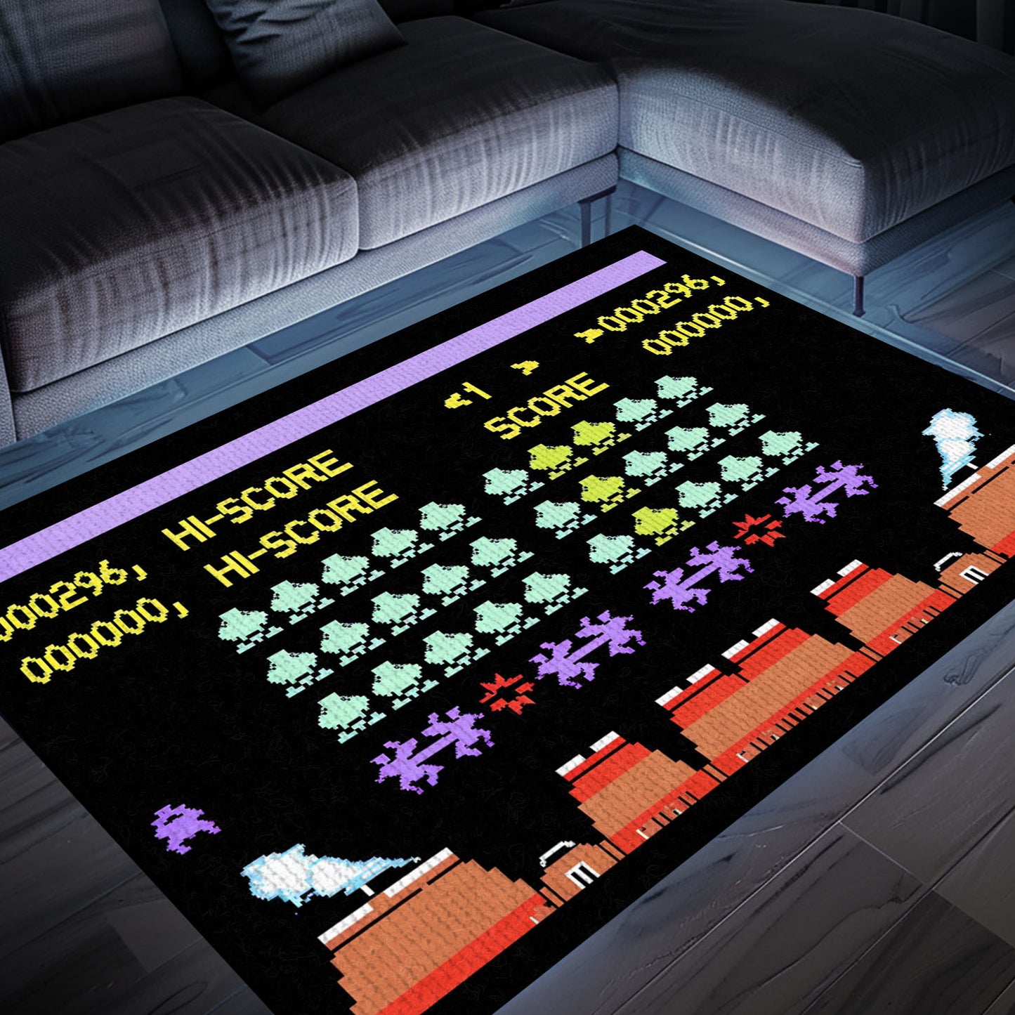 Elevate Your Space with Retro Arcade Decor: Dark and Neon 80s Carpet Inspired by Space Invaders, Arcade Decor, Gift for Gamers, Video Game Lovers G162