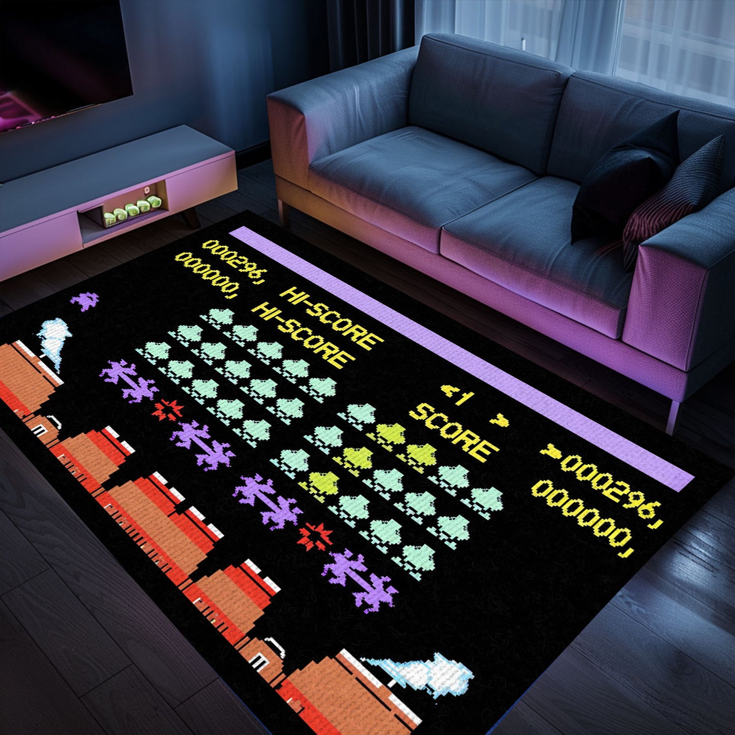 Elevate Your Space with Retro Arcade Decor: Dark and Neon 80s Carpet Inspired by Space Invaders, Arcade Decor, Gift for Gamers, Video Game Lovers G162