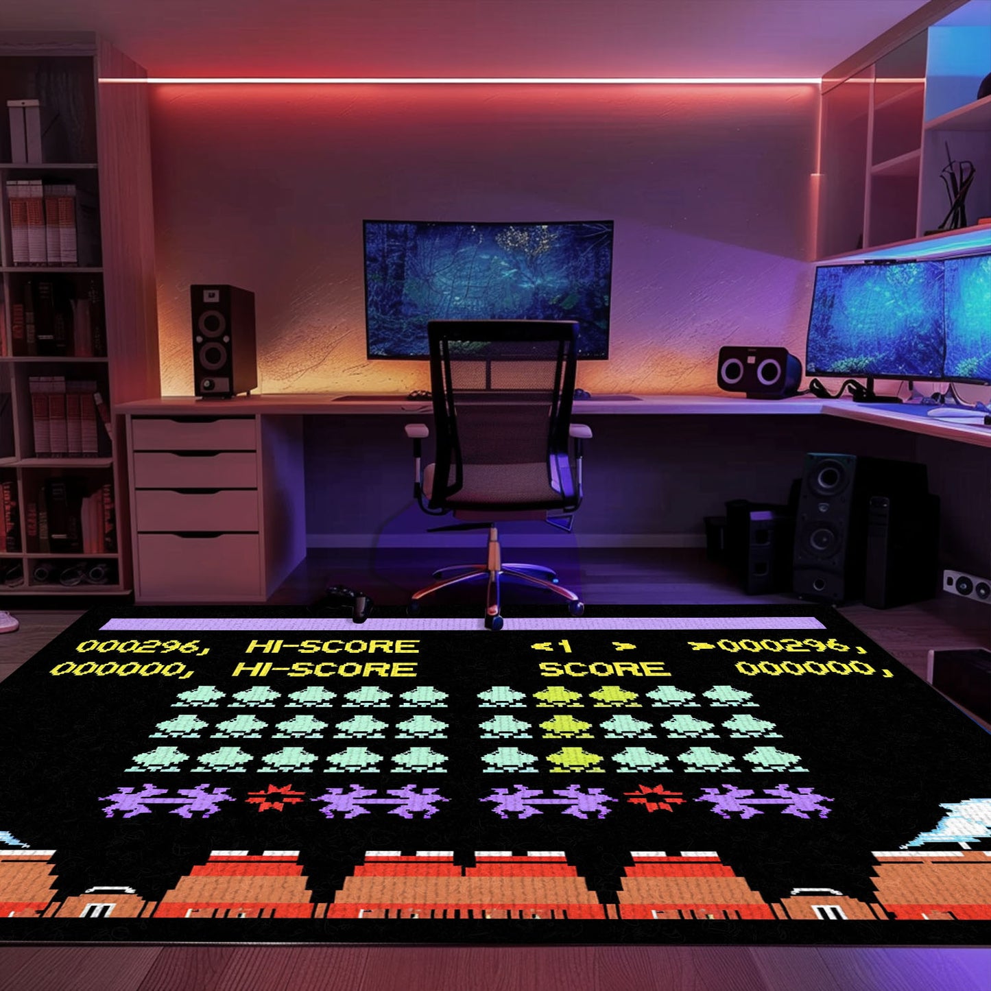 Elevate Your Space with Retro Arcade Decor: Dark and Neon 80s Carpet Inspired by Space Invaders, Arcade Decor, Gift for Gamers, Video Game Lovers G162