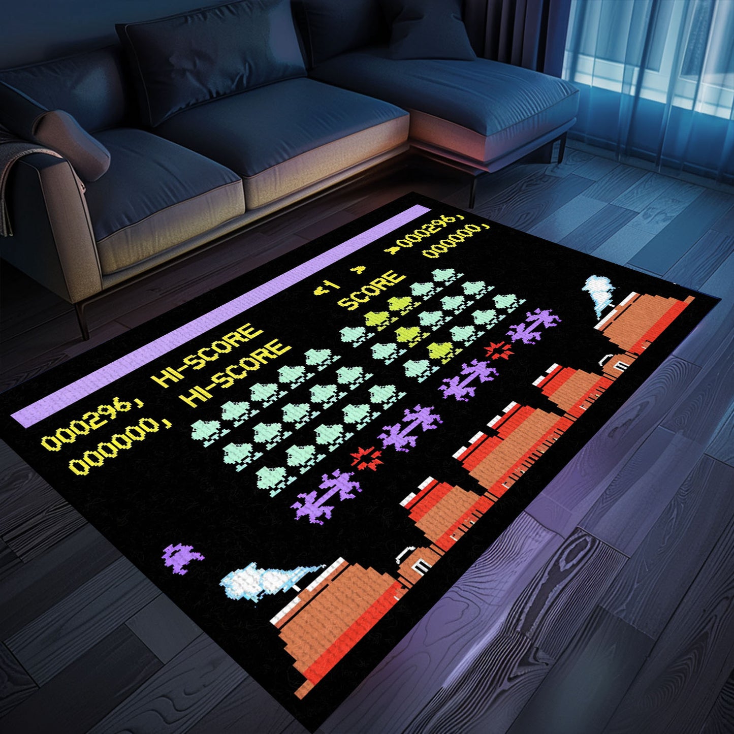 Elevate Your Space with Retro Arcade Decor: Dark and Neon 80s Carpet Inspired by Space Invaders, Arcade Decor, Gift for Gamers, Video Game Lovers G162