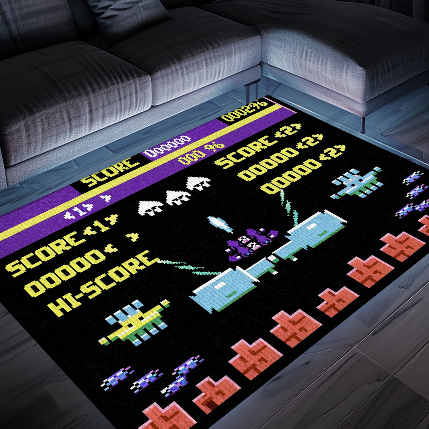 Dark and Neon 80s Arcade Area Rug featuring Space Invaders: Perfect for Creating an Arcade-Inspired Living Space, Arcade Decor, Gift for Gamers, Video Game Lovers G160