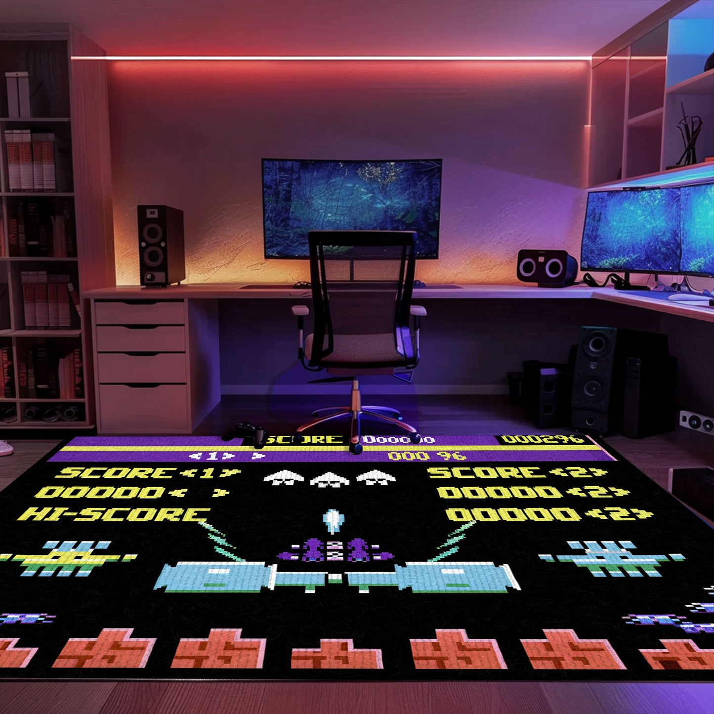 Dark and Neon 80s Arcade Area Rug featuring Space Invaders: Perfect for Creating an Arcade-Inspired Living Space, Arcade Decor, Gift for Gamers, Video Game Lovers G160
