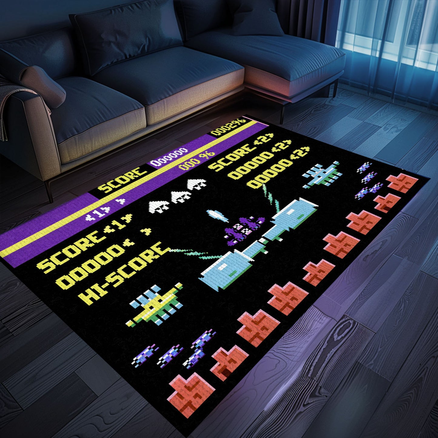 Dark and Neon 80s Arcade Area Rug featuring Space Invaders: Perfect for Creating an Arcade-Inspired Living Space, Arcade Decor, Gift for Gamers, Video Game Lovers G160